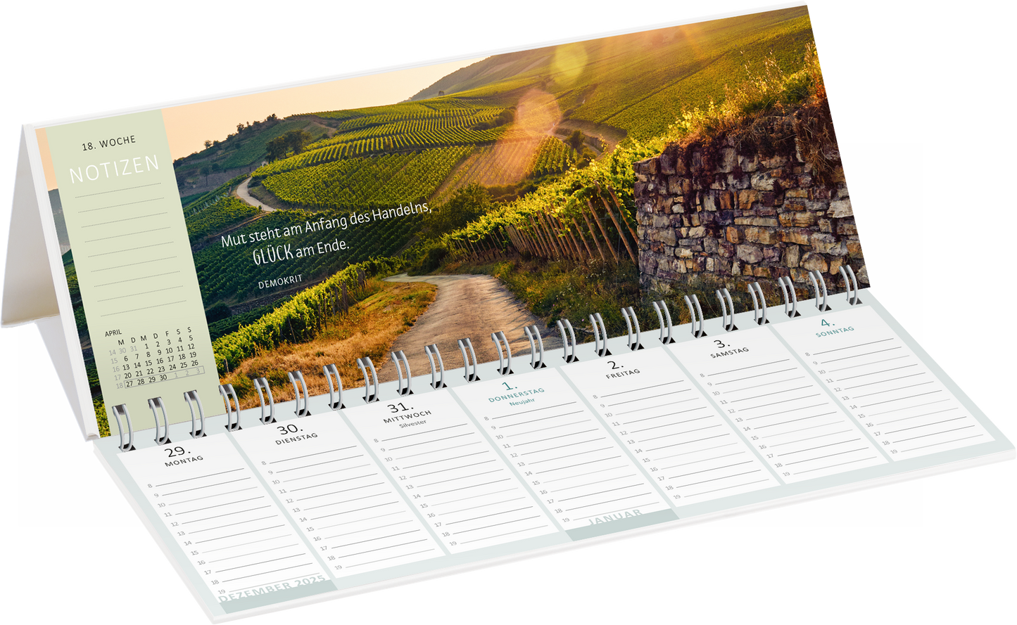 Gezeigt wird eine Innen- oder Zusatzansicht von „Tischkalender Heute ist mein Lieblingstag! 2026“. Der Kalender präsentiert eine sanfte, natürliche Farbpalette mit dominierenden Erdtönen und einem lichten Landschaftsbild im oberen Bereich. Die Abbildung zeigt einen kurvenreichen Weg durch Weinberge, während der Text „Nur steht am Anfang des Handelns, GLÜCK am Ende“ in elegantem Schwarz darübersteht. Die Wochentage und Notizen sind in klarer, gut lesbarer Schrift auf hellen...