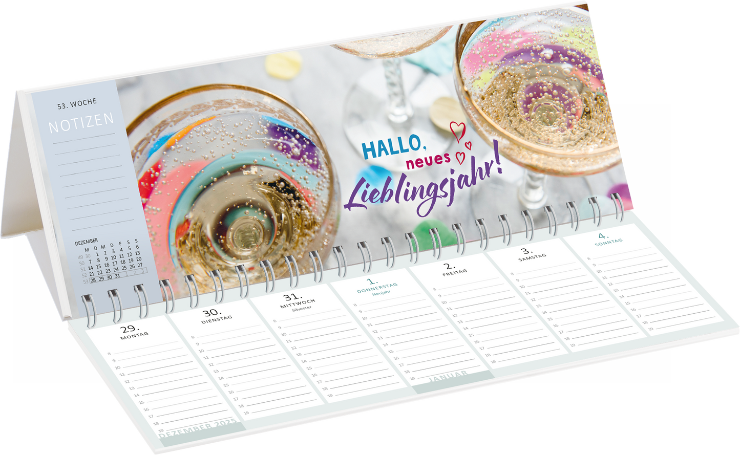 Gezeigt wird eine Innen- oder Zusatzansicht von „Tischkalender Heute ist mein Lieblingstag! 2026“. Die Seite präsentiert einen festlichen Hintergrund mit Gläsern, die mit prickelndem Getränk gefüllt sind, sowie bunten Konfetti-Elementen. Der ansprechende Schriftzug „HALLO, neues Lieblingsjahr!“ in lebhaften Farben steht im Vordergrund. Darunter sind die Kalenderwochen mit ausreichend Platz für Notizen, die in klaren, strukturierten Linien dargestellt sind. Die Farbpalette ist hell...