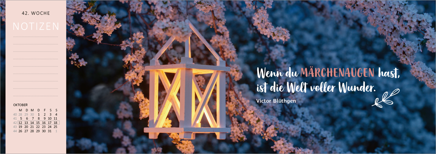 Gezeigt wird eine Innen- oder Zusatzansicht von „Tischkalender Glücksmomente 2026“. Die Ansicht präsentiert eine sanfte, blühende Kulisse mit zarten, hellen Blumen im Hintergrund. Im Vordergrund hängt eine filigrane Laterne, die warmes Licht ausstrahlt. Auf der rechten Seite ist ein inspirierendes Zitat in geschwungener Schriftart zu sehen, während die linke Seite Notizfelder in einem sanften Rosa zeigt. Die Farben sind harmonisch und vermitteln eine ruhige, einladende Atmosphäre.