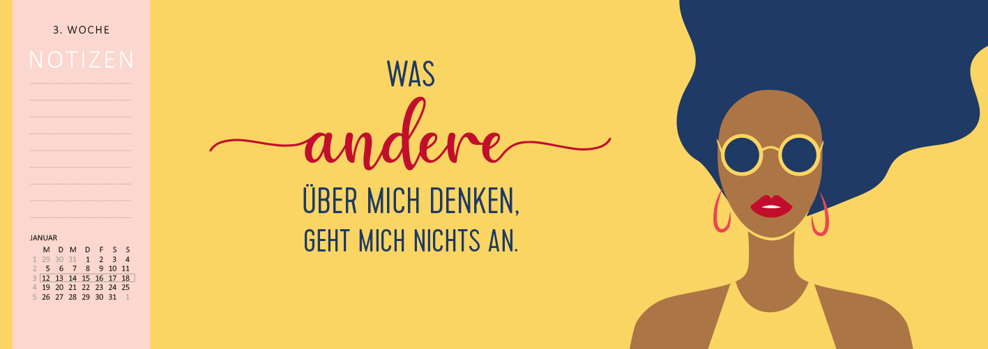 Gezeigt wird eine Innen- oder Zusatzansicht von „Tischkalender Darf ich Ihnen das Tschüss anbieten? 2026“. Die Illustration zeigt eine stilisierte Frau mit blauen Haaren und Sonnenbrille auf einem leuchtend gelben Hintergrund. In geschwungener roter Schrift ist der Satz „Was andere über mich denken, geht mich nichts an“ platziert. Links befindet sich eine Spalte mit dem Titel „NOTIZEN“ in kräftiger Graufarbe sowie eine Monatsübersicht mit Kalendertagen. Die Typografie ist modern...