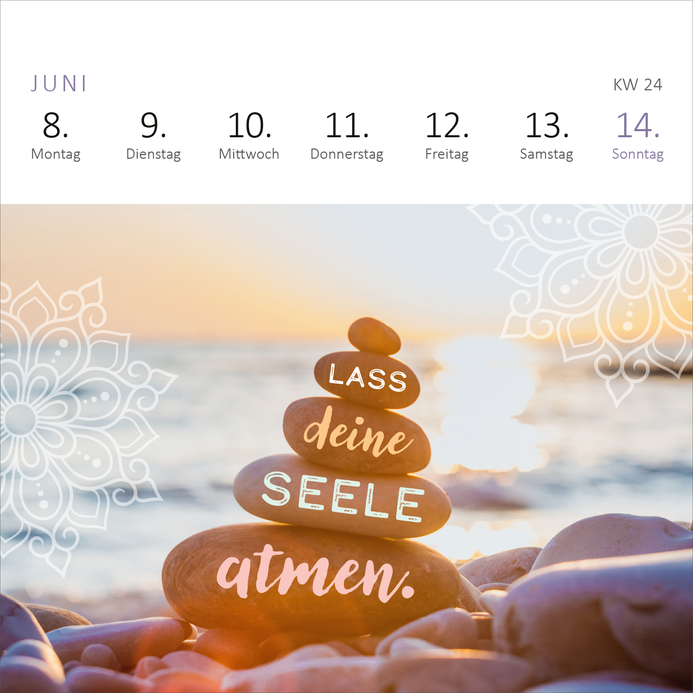 Gezeigt wird eine Innen- oder Zusatzansicht von „Mini-Wochenkalender Einatmen. Ausatmen. Lächeln. 2026“. Die Ansicht zeigt den Monat Juni mit einem sanften Farbverlauf im Hintergrund, der eine ruhige Strandatmosphäre vermittelt. Darauf sind geschichtete Steine abgebildet, auf denen in einer geschwungenen Schrift „LASS deine SEELE atmen.“ steht. Die Typografie ist freundlich und einladend, umrahmt von filigranen weißen Blütenmustern. Montag bis Sonntag sind klar strukturiert und gut...