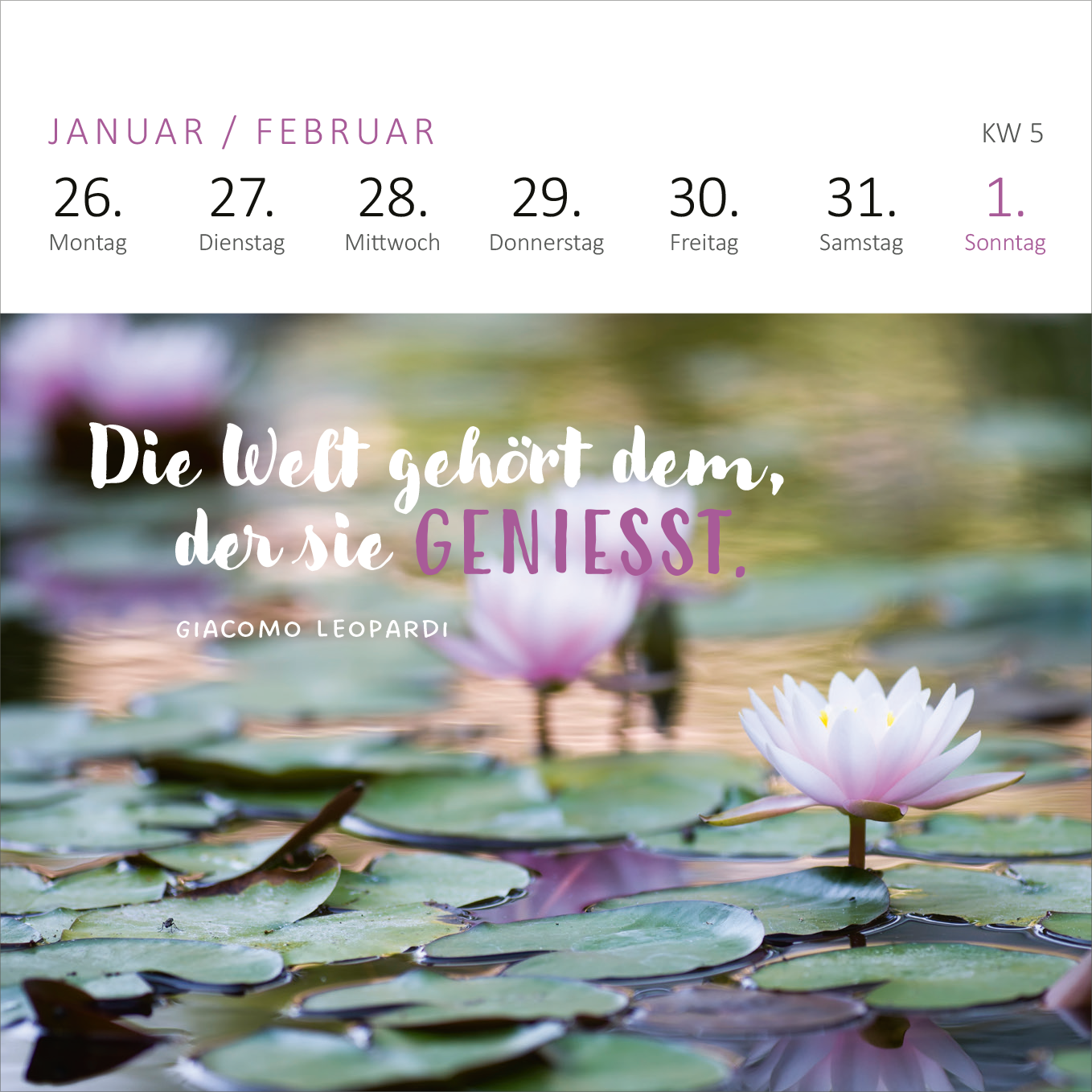 Gezeigt wird eine Innen- oder Zusatzansicht von „Mini-Wochenkalender Ich wünsch dir was 2026“. Die Seite präsentiert ein zartes, poetisches Design mit einem Foto von Wasserlilien auf einem Teich. Darunter steht in stilvoller Schrift „Die Welt gehört dem, der sie GENISST.“ von Giacomo Leopardi, wobei die Wörter „GENISST“ in einer besonderen, größeren Typografie hervorgehoben sind. Die Farbtöne sind sanft und harmonisch, mit einem zarten Lila für die Wochentage oben.