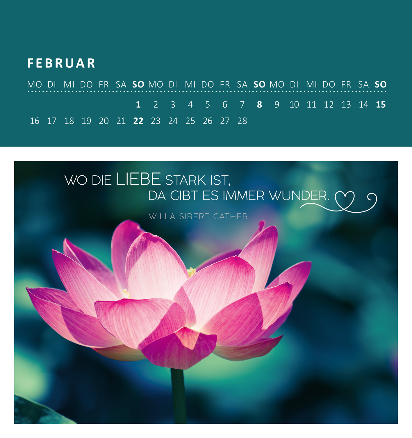 Gezeigt wird eine Innen- oder Zusatzansicht von „Wandkalender Gelassenheit für dich 2026“. Der Kalender zeigt den Monat Februar mit einer modernen, klaren Typografie in Weiß für das Zitat „Wo die LIEBE stark ist. Da gibt es immer wunder.“ von Willa Sibert Cather. Im Hintergrund ist ein sorgfältig gestaltetes Bild einer pinken Lotusblüte auf einem sanften, blauen Hintergrund zu sehen. Die Farbgestaltung umfasst sanfte Blau- und Rosatöne, die eine beruhigende Atmosphäre schaffen.