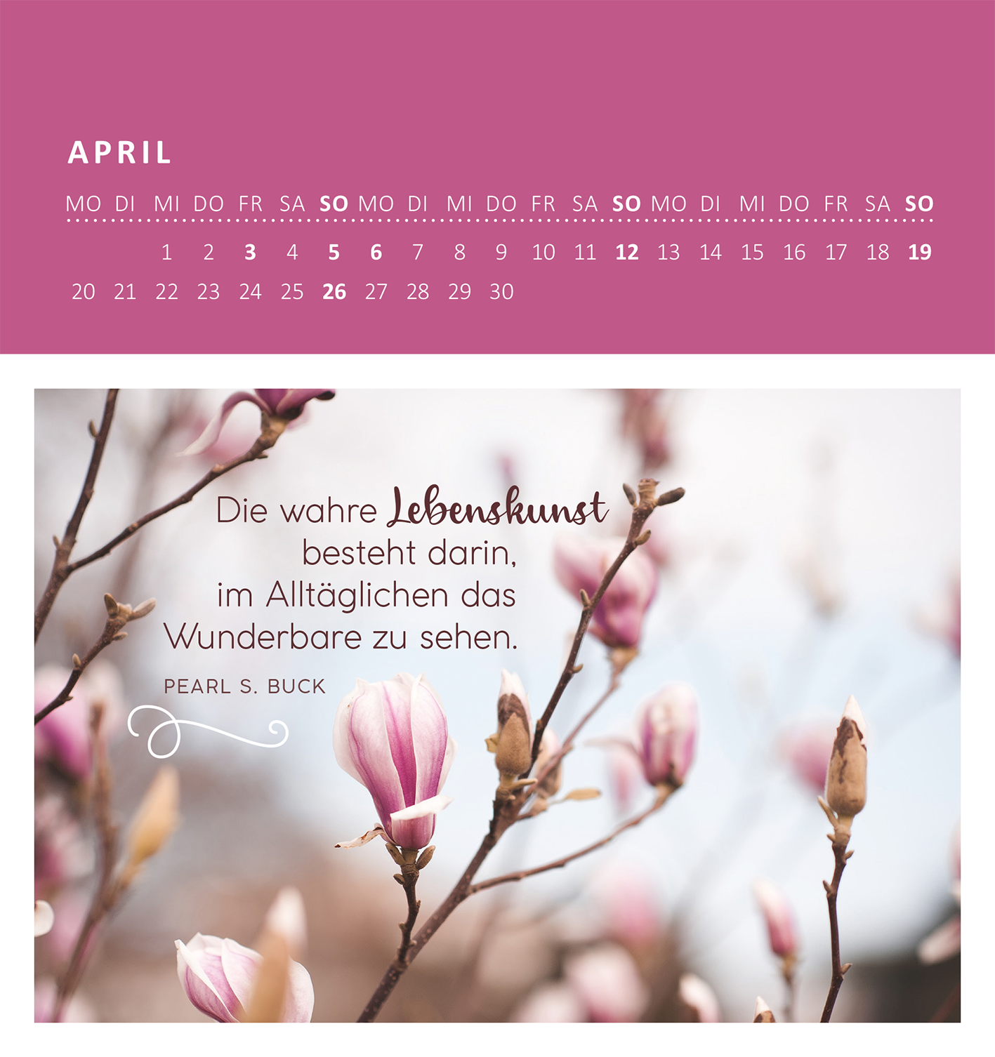 Gezeigt wird eine Innen- oder Zusatzansicht von „Wandkalender Gelassenheit für dich 2026“. Der Monat April ist mit einem sanften Lila-Hintergrund gestaltet. Oben befindet sich eine Monatsübersicht mit einem klaren, weißen Schriftzug. Im unteren Bereich ist ein Foto von Magnolienblüten zu sehen, umrahmt von zarten Ästen. Darunter steht das Zitat „Die wahre Lebenskunst besteht darin, im Alltäglichen das Wunderbare zu sehen“ in einer eleganten, geschwungenen Schrift, gefolgt von der...