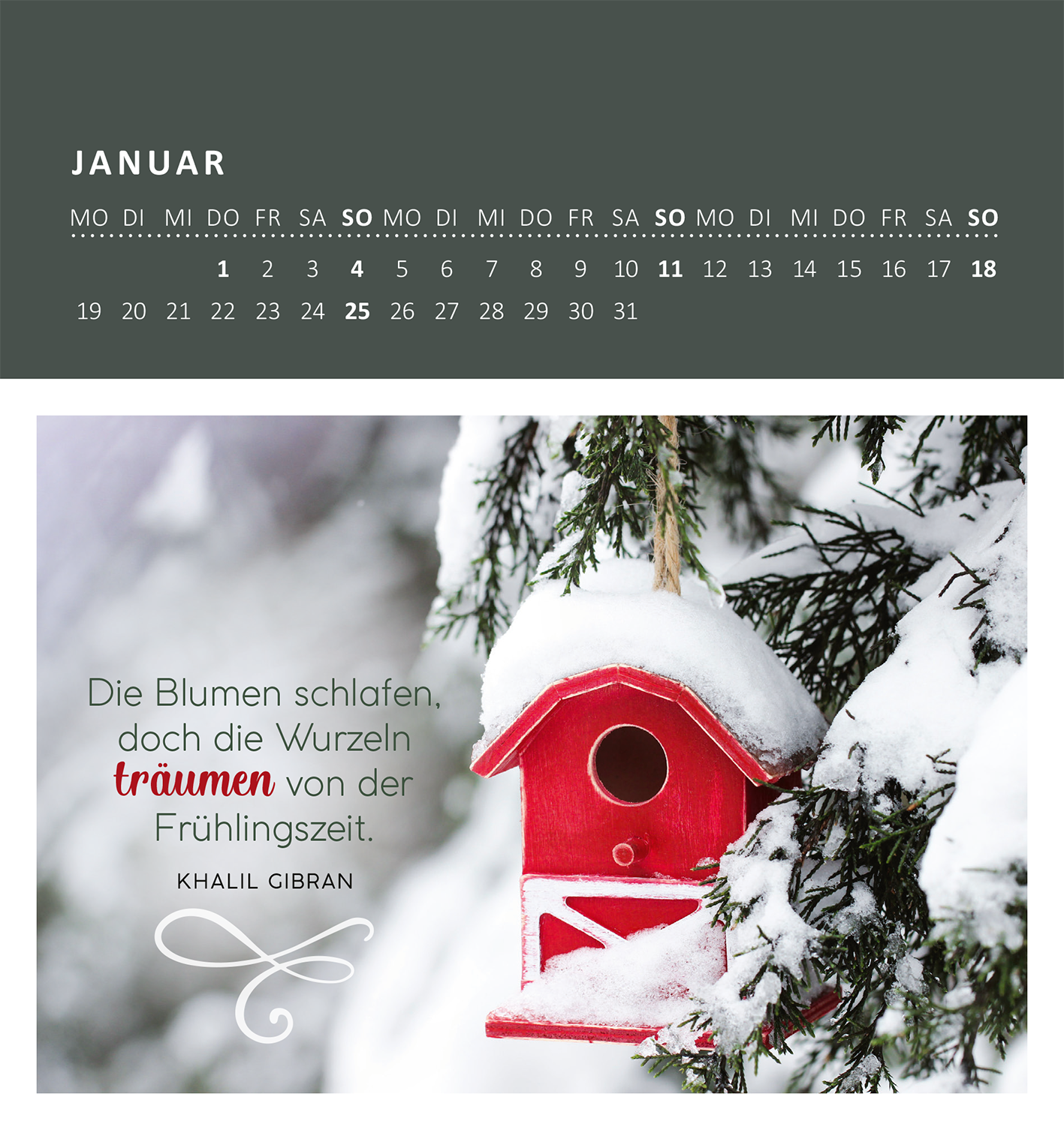 Gezeigt wird eine Innen- oder Zusatzansicht von „Wandkalender Gartenglück 2026“. Der Januar zeigt ein verträumtes Bild eines roten Vogelhauses, umgeben von schneebedeckten Tannenzweigen. Darunter steht der ansprechende Spruch: „Die Blumen schlafen, doch die Wurzeln träumen von der Frühlingszeit.“ in einer eleganten, modernen Schrift. Der Hintergrund ist in sanften, dunklen Grüntönen gehalten, während die Monatsangabe und die Wochentage in Weiß klar ausgezeichnet sind.