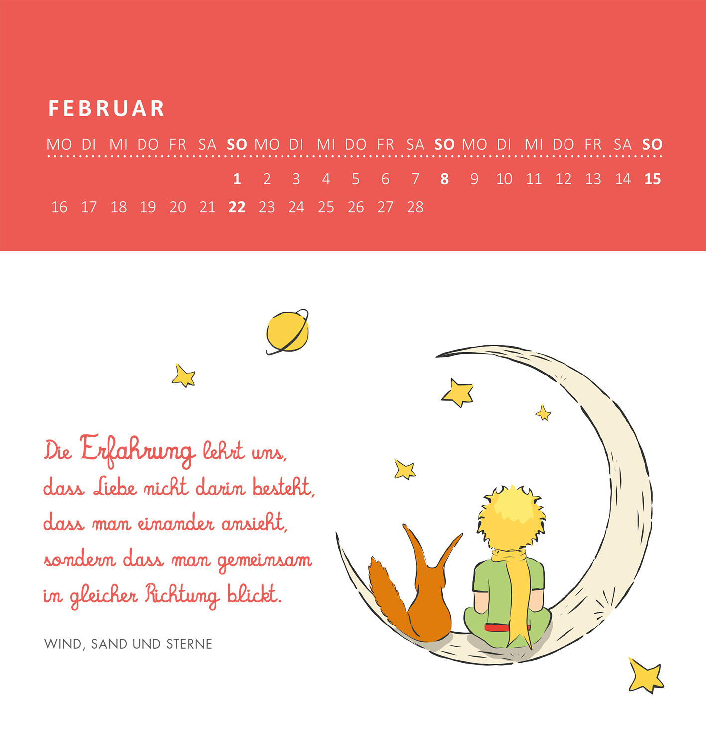 Gezeigt wird eine Innen- oder Zusatzansicht von „Wandkalender Man sieht nur mit dem Herzen gut 2026“. Die Seite zeigt einen grafischen Monat Februar mit einem rot-orangefarbenen Fragetab. Darunter sitzen ein kleiner Junge und ein Fuchs auf einer stilisierten Mondsichel, umgeben von Sternen und einem Planeten. Der Text „Die Erfahrung lehrt uns...“ ist in einer verspielten, roten Schriftart gestaltet, die mit den weichen Illustrationen harmoniert.