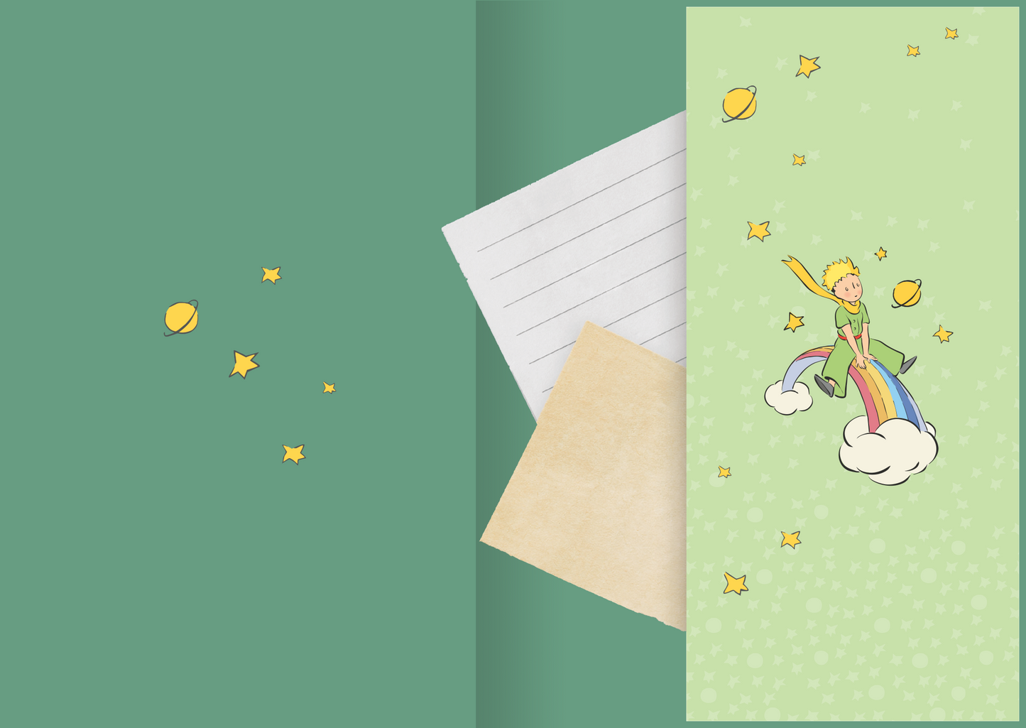 Gezeigt wird eine Innen- oder Zusatzansicht von „Buchkalender Man sieht nur mit dem Herzen gut 2026“. Die Ansicht zeigt einen sanften grünen Hintergrund mit bunten, kindlichen Illustrationen, darunter Sterne und ein fröhlicher Charakter, der auf einer Regenbogenwolke schwebt. Zudem sind ein Blatt mit Linien und ein Stück braunes Papier sichtbar. Die Verwendung von hellen Farben und verspielter Typografie vermittelt eine freundliche und inspirierende Atmosphäre.