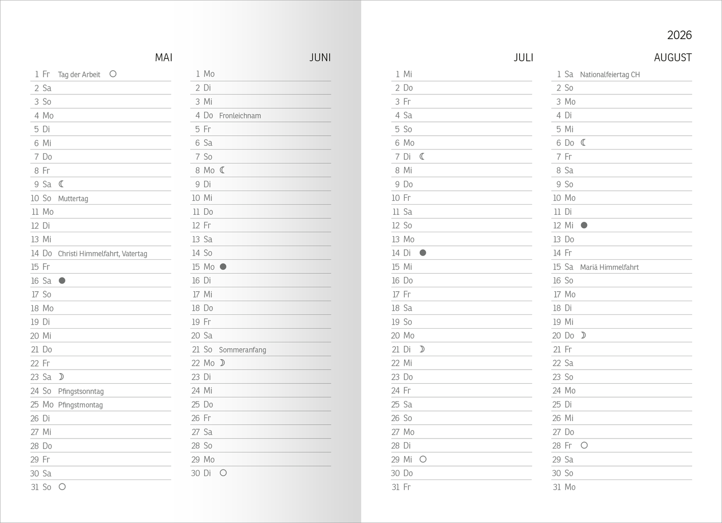 Gezeigt wird eine Innen- oder Zusatzansicht von „Buchkalender Weißt du eigentlich, wie lieb ich dich hab? 2026“. Die zweite Seite zeigt einen klar strukturierten Kalender für die Monate Mai bis August. Jeder Tag ist in einer rechteckigen Zeile verzeichnet, wobei der Fokus auf eine leicht lesbare Schriftart gelegt ist. Die Farbgebung ist zurückhaltend in Schwarz und Grau, mit einer dezenten Senkung in der Hintergrundfarbe, die ein angenehmes Leseerlebnis unterstützt.