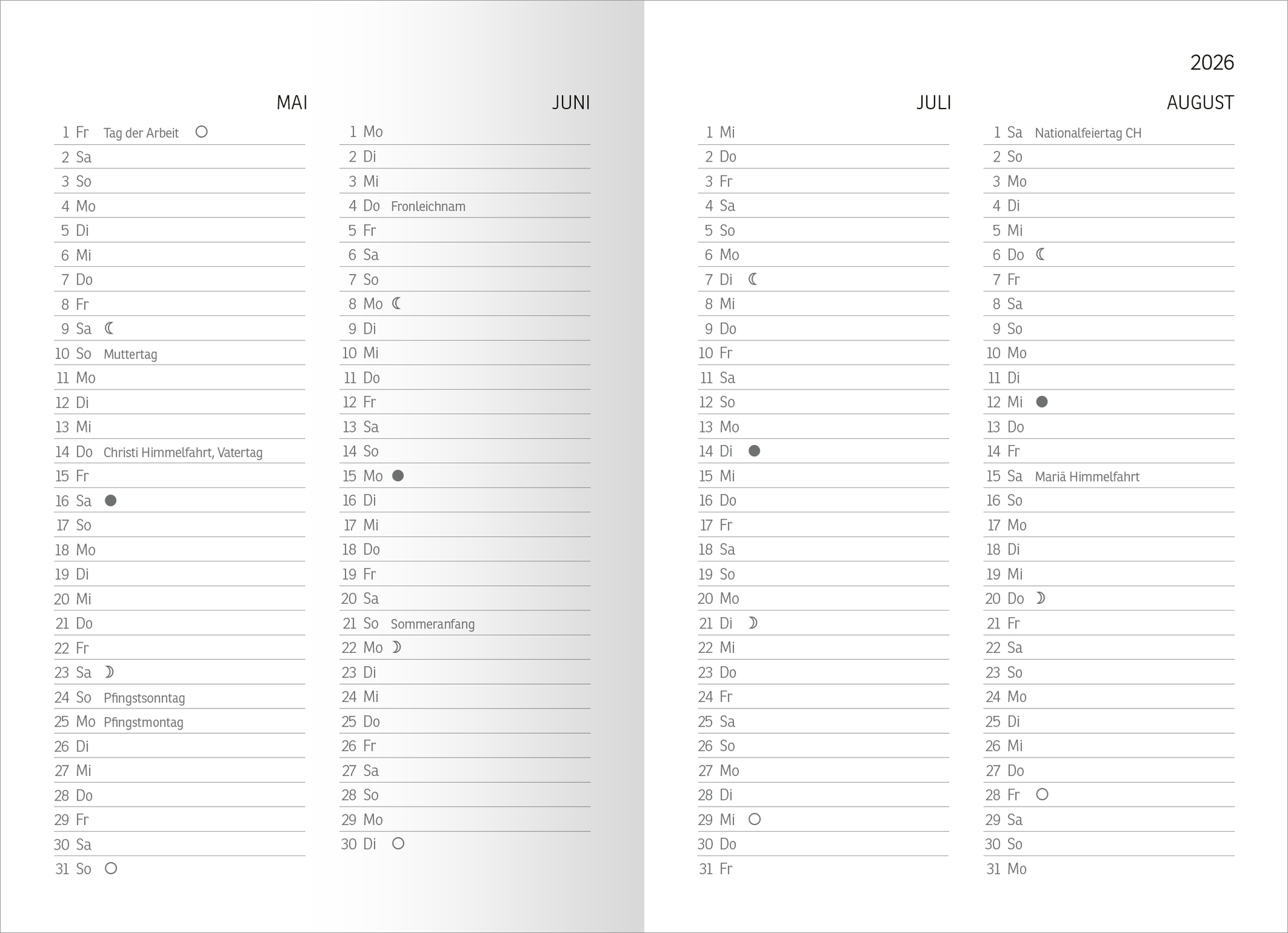 Gezeigt wird eine Innen- oder Zusatzansicht von „Buchkalender Weißt du eigentlich, wie lieb ich dich hab? 2026“. Die zweite Seite zeigt einen klar strukturierten Kalender für die Monate Mai bis August. Jeder Tag ist in einer rechteckigen Zeile verzeichnet, wobei der Fokus auf eine leicht lesbare Schriftart gelegt ist. Die Farbgebung ist zurückhaltend in Schwarz und Grau, mit einer dezenten Senkung in der Hintergrundfarbe, die ein angenehmes Leseerlebnis unterstützt.