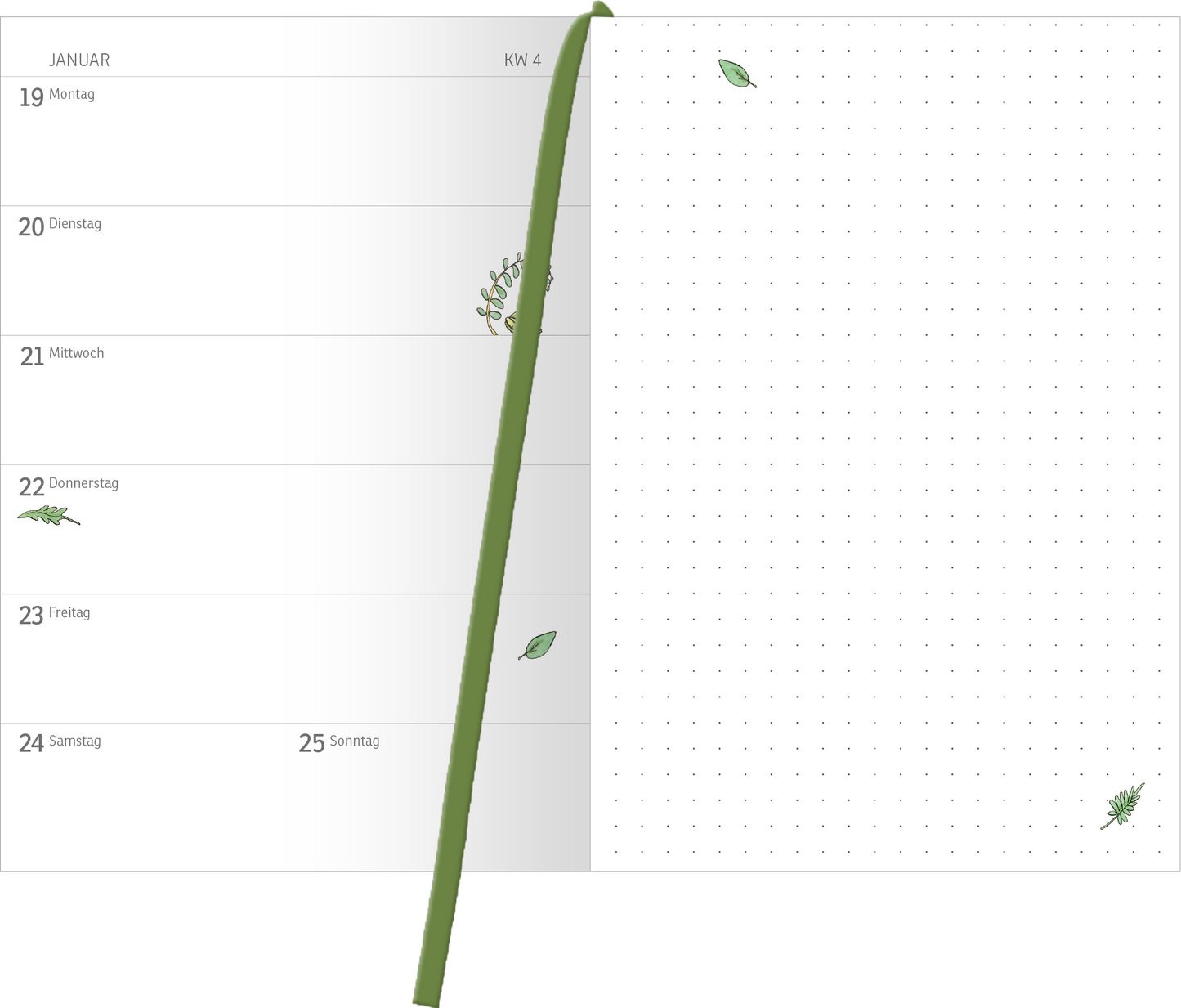 Gezeigt wird eine Innen- oder Zusatzansicht von „Buchkalender Weißt du eigentlich, wie lieb ich dich hab? 2026“. Die Seite ist in einem hellen, freundlichen Design gehalten. Links befindet sich eine Wochenansicht mit termingerechten Feldern in sanftem Grau, während rechts ein leeres quadratisches Raster mit dekorativen, zarten Blattformen in verschiedenen Grüntönen ergänzt wird. Die Typografie ist modern und klar, wodurch eine gute Lesbarkeit gewährleistet ist.