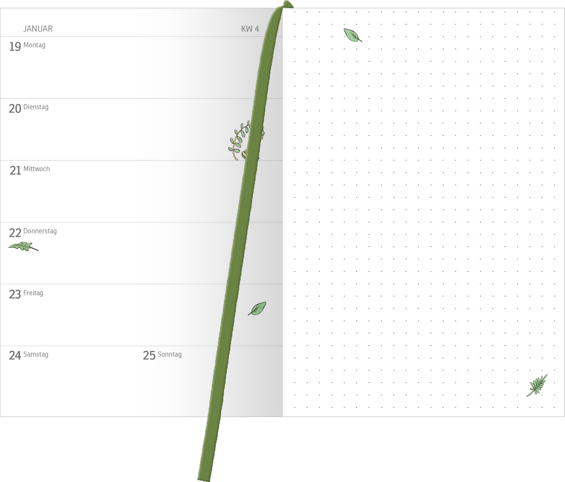 Gezeigt wird eine Innen- oder Zusatzansicht von „Buchkalender Weißt du eigentlich, wie lieb ich dich hab? 2026“. Die Seite ist in einem hellen, freundlichen Design gehalten. Links befindet sich eine Wochenansicht mit termingerechten Feldern in sanftem Grau, während rechts ein leeres quadratisches Raster mit dekorativen, zarten Blattformen in verschiedenen Grüntönen ergänzt wird. Die Typografie ist modern und klar, wodurch eine gute Lesbarkeit gewährleistet ist.