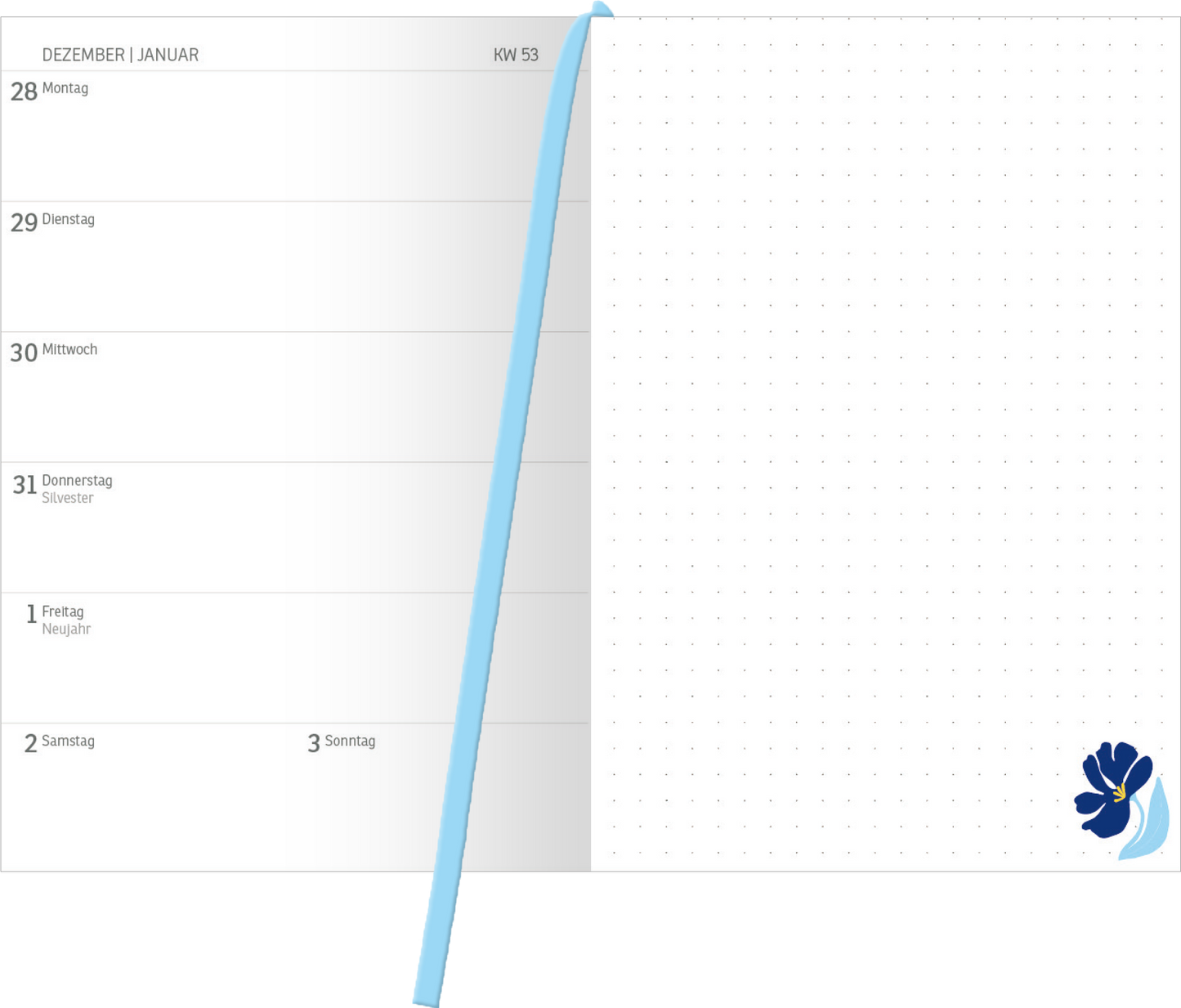 Gezeigt wird eine Innen- oder Zusatzansicht von „Buchkalender You can do this 2026“. Die Seite präsentiert eine Kalenderansicht für den Zeitraum vom 28. Dezember bis 3. Januar. Die Tage sind in gut lesbarer, schwarzer Schrift auf einem weißen Hintergrund angeordnet. Ein sanfter, blauer Umrandung zieht sich entlang der Seite, während die gegenüberliegende Seite eine leere, gepunktete Fläche aufweist, ergänzt durch ein stilisiertes, blaues Motiv in der unteren Ecke.