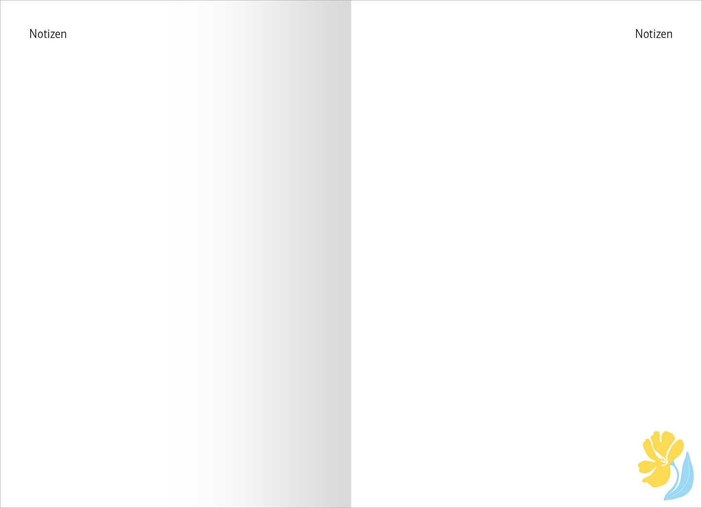 Gezeigt wird eine Innen- oder Zusatzansicht von „Buchkalender You can do this 2026“. Die Seite ist in einem sanften Weiß gehalten und enthält auf der linken Seite die Aufschrift „Notizen“ in schlichter, grauer Schrift. Auf der rechten Seite befindet sich ein leeres Feld für Notizen. In der unteren rechten Ecke ist eine stilisierte, gelbe Blüte mit einer blauen Akzentfarbe abgebildet, die einen frischen und einladenden Eindruck vermittelt.