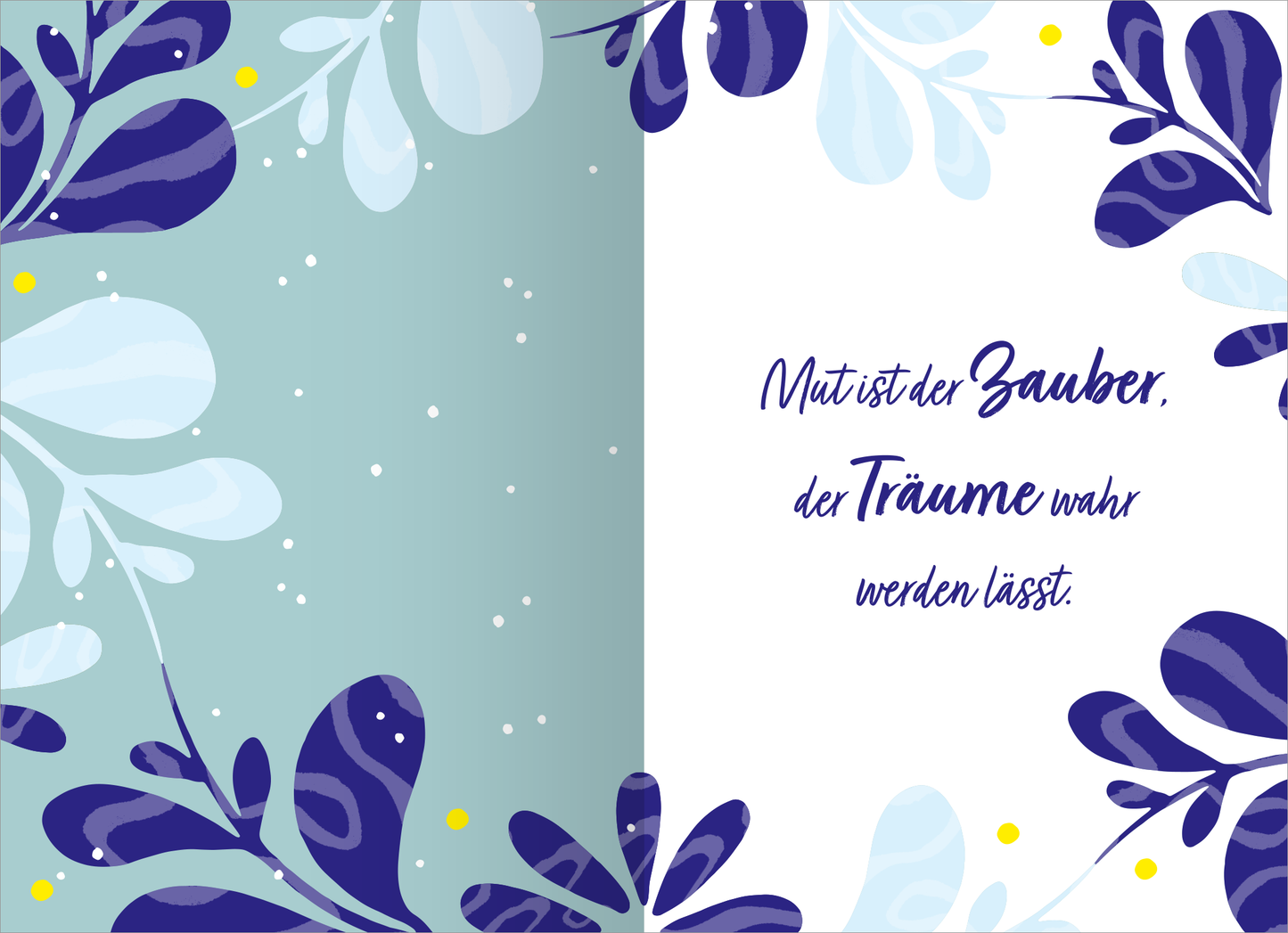 Gezeigt wird eine Innen- oder Zusatzansicht von „Buchkalender You can do this 2026“. Der Hintergrund ist in sanften Mint- und Hellblautönen gehalten, flankiert von stilisierten Pflanzenmotiven in unterschiedlichen Blau- und Lilatönen. In der Mitte steht der Text „Mut ist der Zauber, der Träume wahr werden lässt“ in einer eleganten, geschwungenen Schrift, die die motivierende Botschaft hervorhebt. Kleine gelbe Akzente runden das Gesamtbild harmonisch ab.