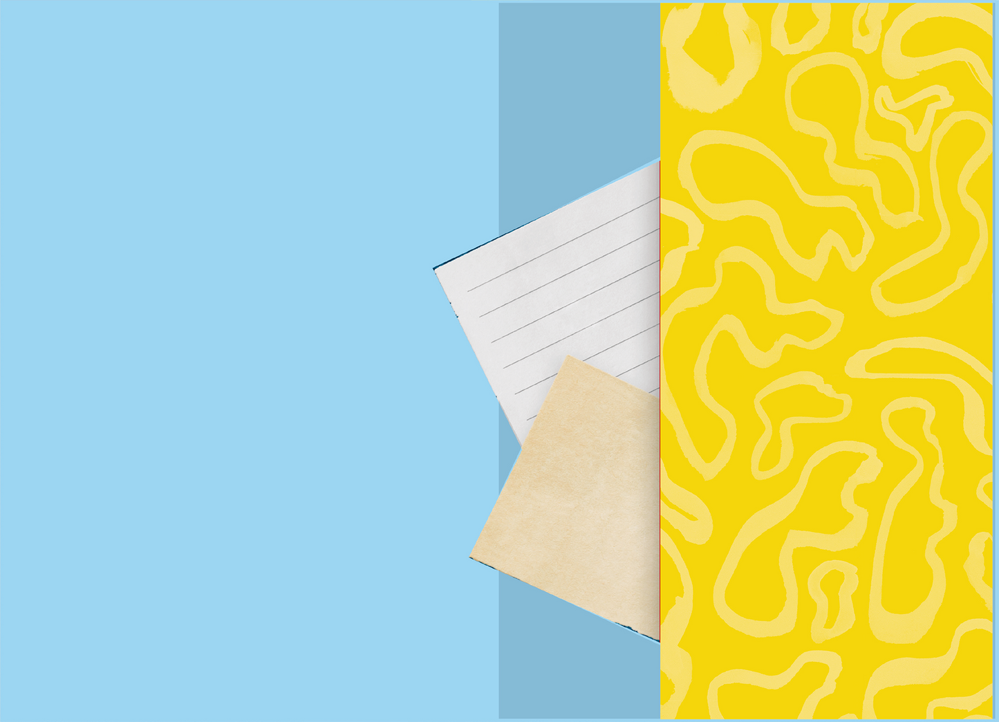 Gezeigt wird eine Innen- oder Zusatzansicht von „Buchkalender You can do this 2026“. Die Darstellung zeigt einen bunten, gelben Einband mit einem abstrakten, geschwungenen Muster. Daneben befinden sich mehrere Blätter, darunter ein liniertes Blatt und ein neutrales, leicht gelbliches Papier. Der Hintergrund ist in einem dezenten Blau gehalten, was den Kontrast zur lebhaften Farbgestaltung des Kalenders verstärkt.