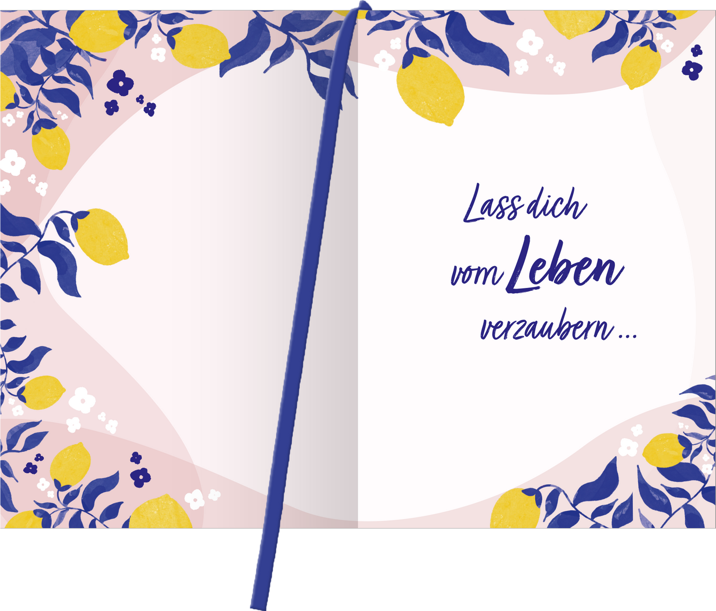 Gezeigt wird eine Innen- oder Zusatzansicht von „Buchkalender Heute ist mein Lieblingstag 2026“. Die Seite ist von zarten pastel Farben in Rosa und Gelb geprägt, mit floralen Mustern und Zitronenverzierungen. In der Mitte steht der Text „Lass dich vom Leben verzaubern …“ in einer eleganten, blauen Schriftart, die eine einladende und inspirierende Stimmung vermittelt. Der konzeptionelle Einsatz von Weißraum unterstützt die Lesbarkeit und Klarheit.