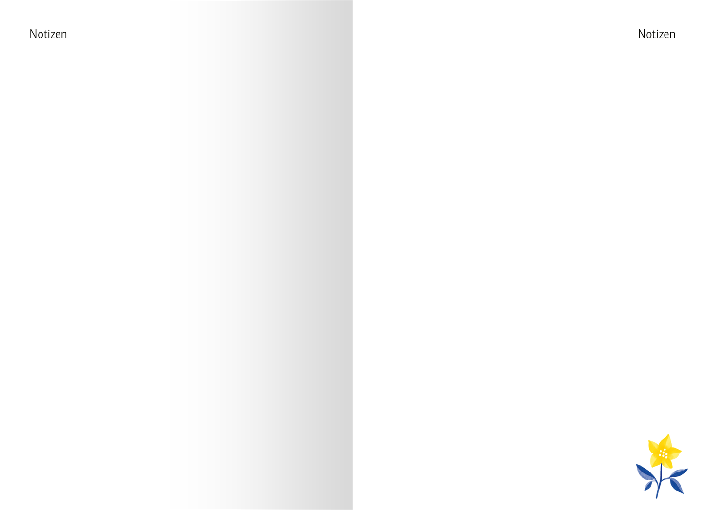 Gezeigt wird eine Innen- oder Zusatzansicht von „Buchkalender Heute ist mein Lieblingstag 2026“. Die Seite ist größtenteils weiß und enthält im oberen Bereich den Schriftzug „Notizen“ in schlichter, schwarzer Schrift. In der rechten unteren Ecke ist ein grafisches Element in Form einer blauen Blüte mit gelber Blüte, das das Gesamtbild auflockert und farbliche Akzente setzt. Die Gestaltung ist klar und minimalistisch, was die Lesbarkeit unterstützt.