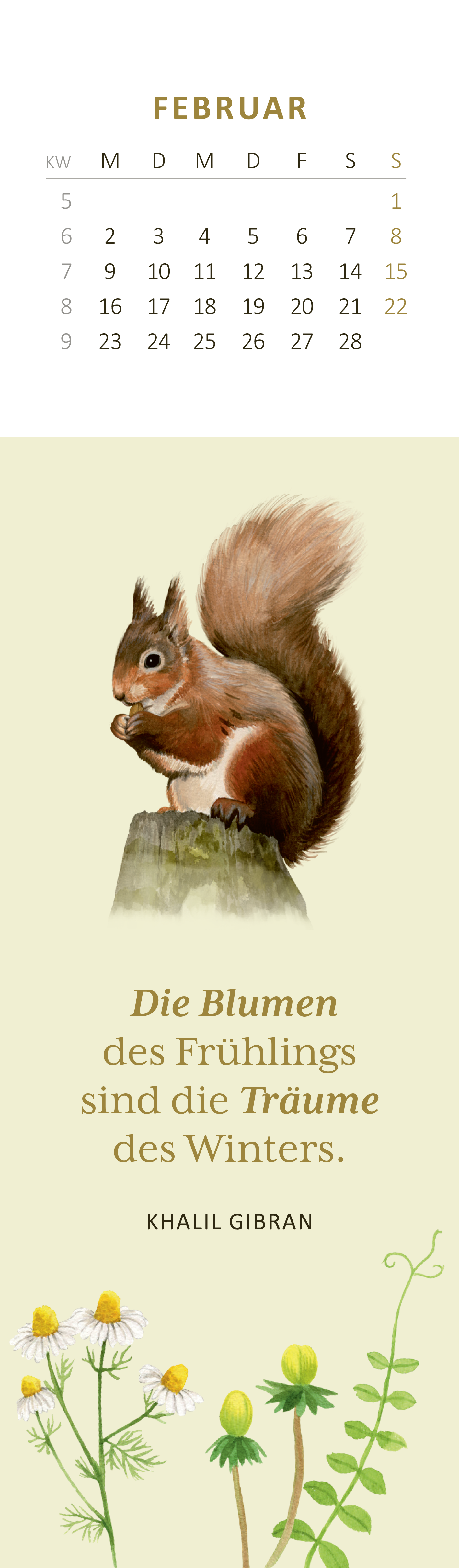 Gezeigt wird eine Innen- oder Zusatzansicht von „Lesezeichenkalender Naturschätze 2026“. Die Ansicht zeigt einen Monat im Februar mit einer hellen Hintergrundfarbe. Oben befindet sich ein Kalender mit Wochentagen und Zahlen in einer klaren, gut lesbaren Schrift. In der Mitte ist ein buntes Eichhörnchen zu sehen, das eine Nuss hält. Darunter steht das Zitat „Die Blumen des Frühlings sind die Träume des Winters.“ in einer eleganten, geschwungenen Schrift. Unten blühen kleine,...