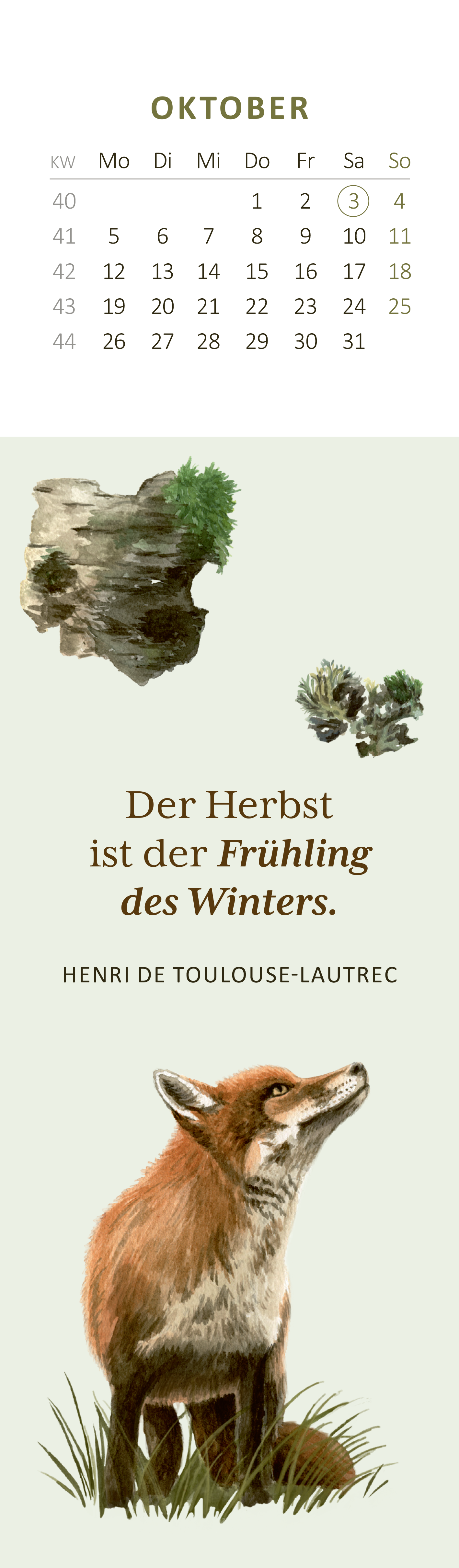 Gezeigt wird eine Innen- oder Zusatzansicht von „Lesezeichenkalender Naturschätze 2026“. Der Kalender zeigt den Monat Dezember mit einem klar strukturierten Raster für die Wochentage. In sanften Pastellfarben gehalten, befinden sich oben ein Kalenderblock und darunter eine klare, ansprechende Illustration eines Vogels auf einem Tannenzweig. Darunter steht der motivierende Schriftzug „Lass dich vom Winter verzaubern“ in eleganter, roter Schrift. Die Typografie ist gut lesbar, was die...