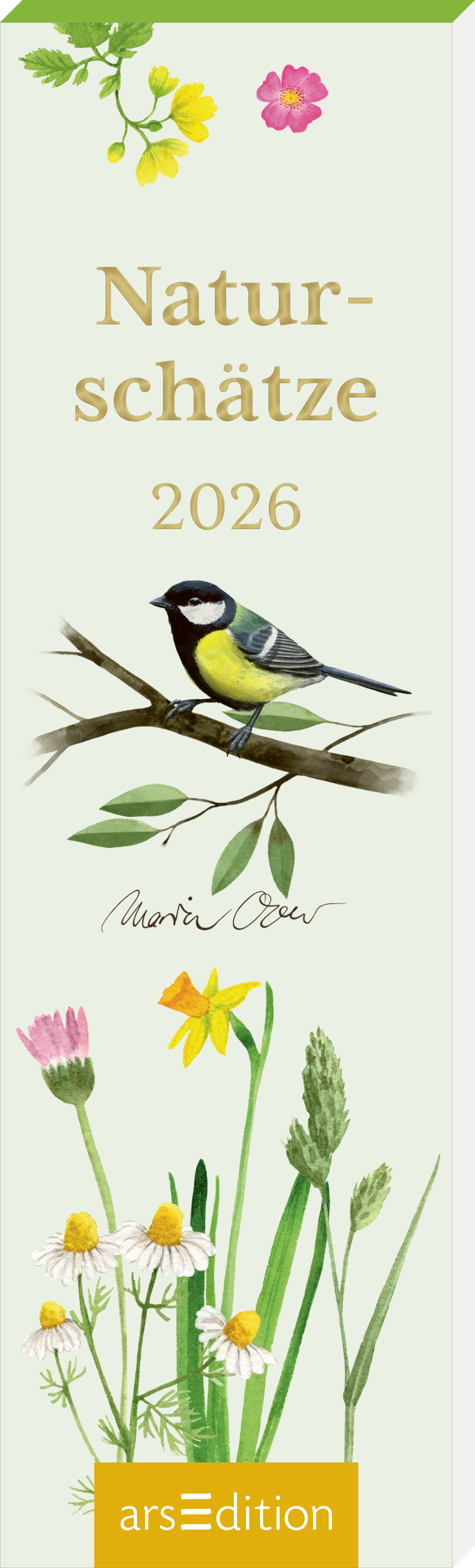 Das Cover zeigt einen zarten, hellgrünen Hintergrund. In der Mitte thront der Titel „Naturschätze“ in eleganter, goldener Schrift, gefolgt von der Jahreszahl „2026“. Links ist ein fein gezeichneter, bunter Vogel auf einem Zweig abgebildet. Am unteren Rand sind verschiedene, stilisierte Wildblumen in sanften Farben dargestellt. Ganz unten mittig steht der Logoschriftzug von arsEdition.