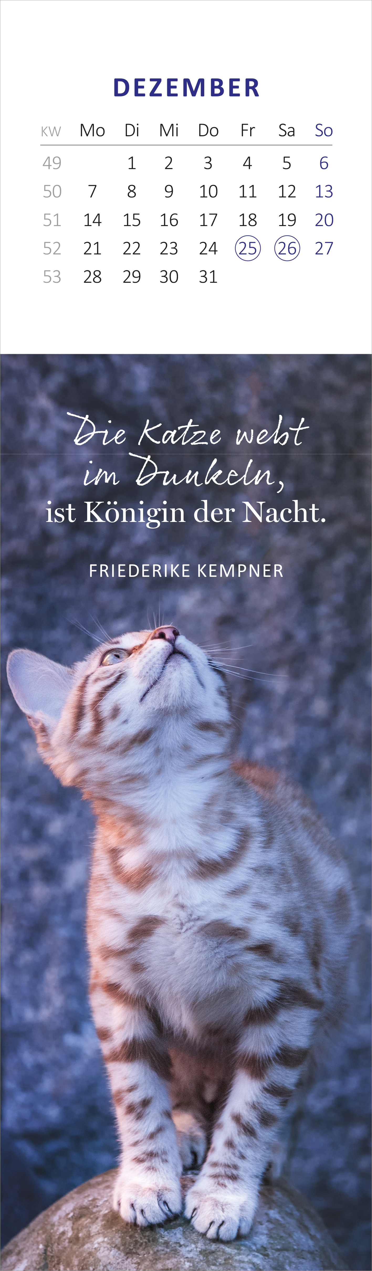 Gezeigt wird eine Innen- oder Zusatzansicht von „Lesezeichenkalender Katzenglück 2026“. Die Ansicht zeigt einen schmalen Kalender für den Monat Dezember. In der oberen Hälfte befindet sich ein Monatsübersicht mit den Wochentagen, darunter steht ein künstlerisches Motiv einer neugierigen Katze, die nach oben blickt. Der Hintergrund ist in sanften Grautönen gehalten. Der Spruch „Die Katze webt im Dunkeln, ist Königin der Nacht.“ von Friederike Kempner ist in eleganter, weißer...