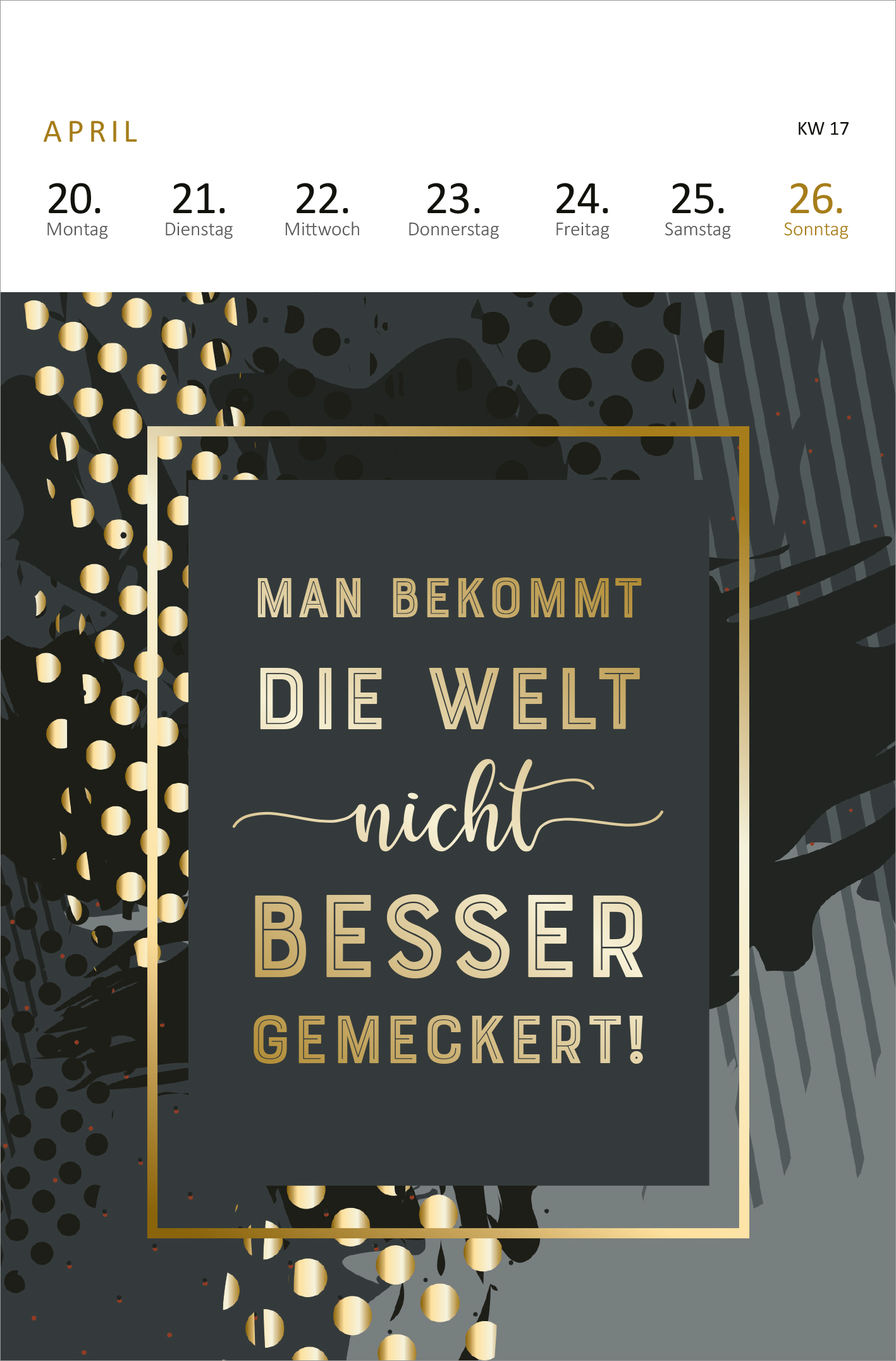 Gezeigt wird eine Innen- oder Zusatzansicht von „Wochenkalender Ich wär jetzt fertig mit dem Tag, kann der weg? 2026“. Der Hintergrund ist in einem eleganten Grau mit dynamischen, hellen grafischen Elementen in Form von Punkten, die kontrastieren. Im Vordergrund steht eine auffällige schwarze Box mit dem Spruch „MAN BEKOMMT DIE WELT NICHT BESSER GEMECKERT!“ in goldener Schrift. Die Schrift ist modern und verspielt, bietet einen starken visuellen Fokus und positive Botschaft.