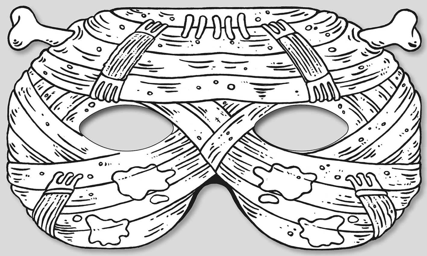 Gezeigt wird eine Innen- oder Zusatzansicht von „Gruselmasken zum Ausmalen“. Die Abbildung zeigt eine maske, die mit Verbänden und Knochenmotiven versehen ist. Die Maske hat zwei große, ovale Aussparungen für die Augen und ist in einem einfachen, klaren schwarz-weißen Design gehalten. Typografische Elemente sind nicht vorhanden, was den Fokus auf die ausmalbaren Details lenkt und eine kreative Gestaltung ermöglicht.