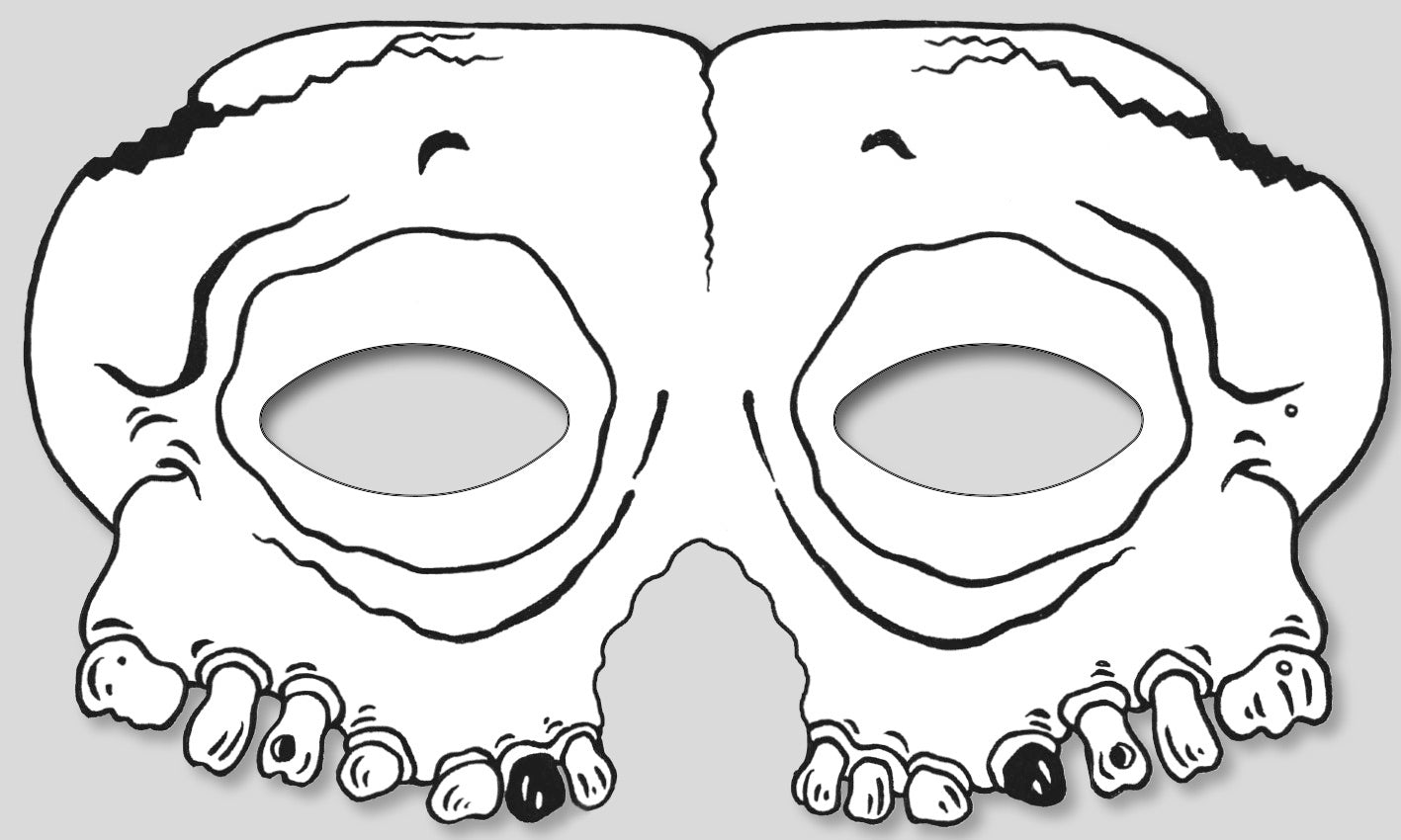 Gezeigt wird eine Innen- oder Zusatzansicht von „Gruselmasken zum Ausmalen“. Die Abbildung zeigt eine Maske in Form eines Schädels mit großen, ovalen Augenöffnungen. Die Konturen sind in Schwarz gehalten, während die Innenseiten unbunt und zum Ausmalen vorgesehen sind. Die maskenartige Form ist leicht abstrahiert und weist eine verspielte Ausstrahlung auf, was sie ideal für kreative Aktivitäten macht.