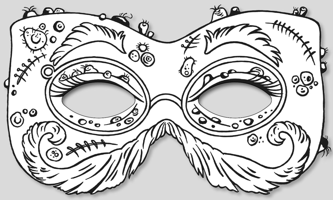 Gezeigt wird eine Innen- oder Zusatzansicht von „Gruselmasken zum Ausmalen“. Die Ansicht zeigt eine gruselige Maske mit detaillierten Mustern. Zentrale Elemente sind große Augenöffnungen, geschwungene Augenbrauen sowie ein buschiger Schnurrbart. Die Maske ist mit verschiedenen gruseligen und lustigen Motiven verziert, darunter kleine Gespenster und Spinnen. Die Linien sind klar und dick, ideal zum Ausmalen. Der Hintergrund ist neutral, um die Maske hervorzuheben.