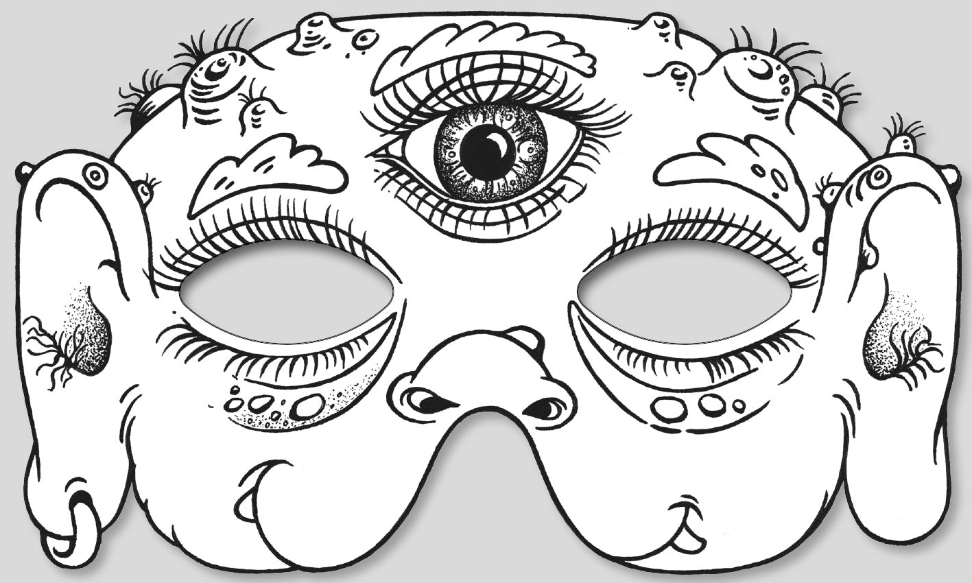 Gezeigt wird eine Innen- oder Zusatzansicht von „Gruselmasken zum Ausmalen“. Die Abbildung zeigt eine fantasievolle Maske mit einem zentralen, großen Auge und verschiedenen gruseligen Mustern, einschließlich ungewohnter Formen und grotesker Gesichtszüge. Die Masken sind in einem klaren, schwarzen Linienstil gezeichnet, wobei die Flächen zum Ausmalen freigelassen sind. Die lebhaften Details fördern die Kreativität beim Ausmalen.