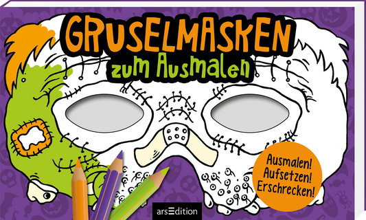 Das Buchcover zeigt eine farbenfrohe und gruselige Maske auf lila Hintergrund. Der Titel „GRUSELMASKEN zum Ausmalen“ ist in großen, orangefarbenen Buchstaben oben platziert. Unterhalb der Maske steht in einem orangefarbenen Kreis „Ausmalen! Aufsetzen! Erschrecken!“ Ein paar Buntstifte in Grün, Gelb und Rot liegen am unteren Rand. Ganz unten mittig steht der Logoschriftzug von arsEdition.