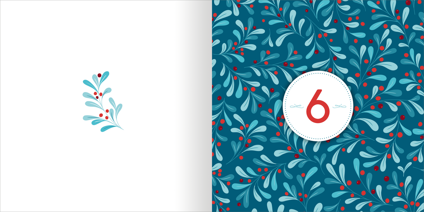 Gezeigt wird eine Innen- oder Zusatzansicht von „Ausmal-Adventskalender – Kreative Winterzeit“. Die linke Seite präsentiert einen schlichten, weißen Hintergrund mit einer zarten, blauen Zweigzeichnung. Auf der rechten Seite ist ein kräftig blauer Hintergrund mit üppigen, stilisierten Blättern und roten Beeren. Die Zahl „6“ ist in einem weißen Kreis platziert, umgeben von einer feinen, ornamentalen Linienführung, die dem Gesamtbild eine festliche Note verleiht.