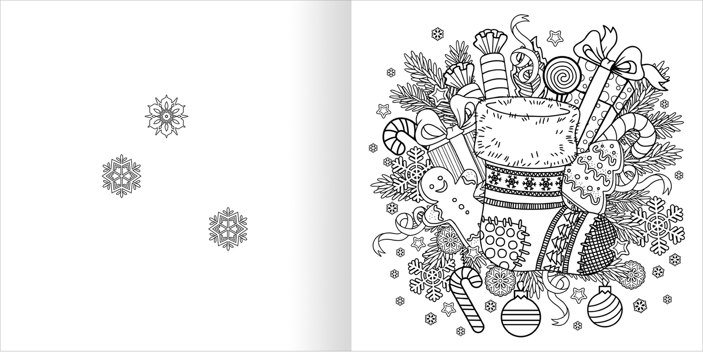 Gezeigt wird eine Innen- oder Zusatzansicht von „Ausmal-Adventskalender – Kreative Winterzeit“. Die rechte Seite zeigt eine detaillierte Illustration eines großen Bechers, umgeben von Weihnachtsleckereien wie Lebkuchen, Zuckerstangen und Kugeln. Die Zeichnung ist in schwarz-weiß und enthält florale Muster sowie Schneeflocken. Die Darstellung hat verspielte, schwungvolle Linien und eine ansprechende, festliche Anordnung, die zum Ausmalen einlädt. Links sind kleine, vereinzelte...