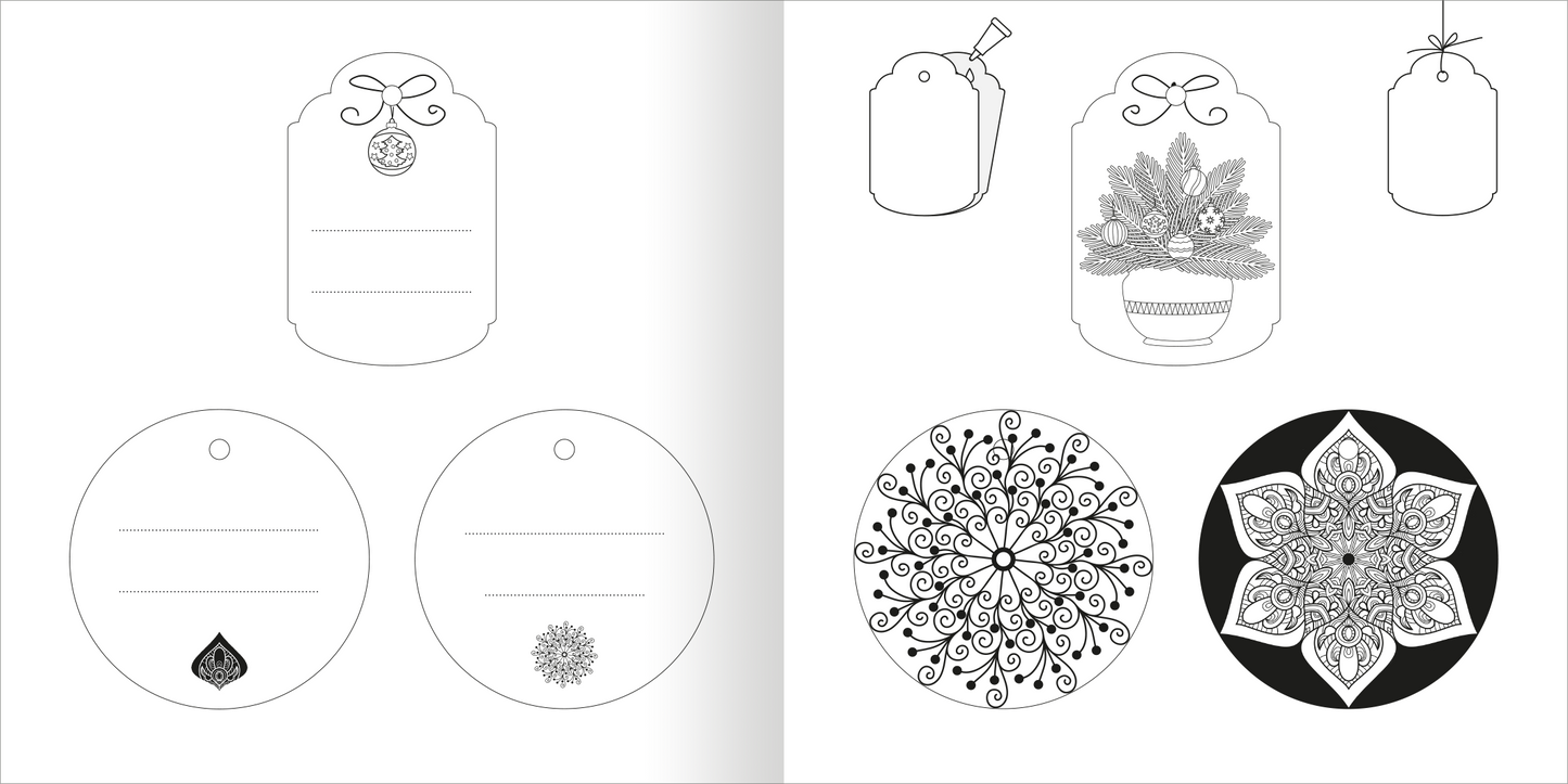 Gezeigt wird eine Innen- oder Zusatzansicht von „Ausmal-Adventskalender – Kreative Winterzeit“. Die Seite enthält verschiedene Ausmalmotive, darunter Anhänger und florale Gestaltungselemente. Die Zeichnungen sind in Schwarzweiß gehalten und präsentieren detaillierte Muster. Insbesondere eine Mandala-ähnliche Form und ein dekorativer Blumentopf stechen hervor. Leere Textfelder laden zur individuellen Beschriftung ein. Die klare Linienführung und die sichtbare Struktur der Motive...