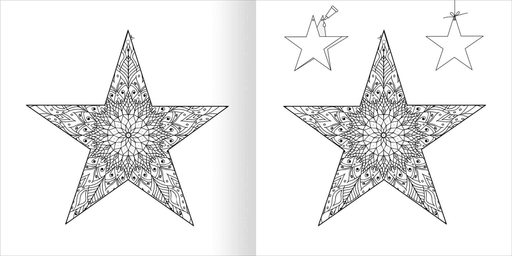 Gezeigt wird eine Innen- oder Zusatzansicht von „Ausmal-Adventskalender – Kreative Winterzeit“. Die Abbildung zeigt eine große, detaillierte Sternform in schwarzer Umrandung, verziert mit komplexen Mustern, die zum Ausmalen einladen. Im oberen Bereich sind kleinere, schlichte Sternformen sowie weihnachtliche Elemente wie eine Pfeife und ein Anhänger abgebildet. Die Illustration ist auf weißem Hintergrund platziert, was die klaren Konturen und die Kreativität fördert.
