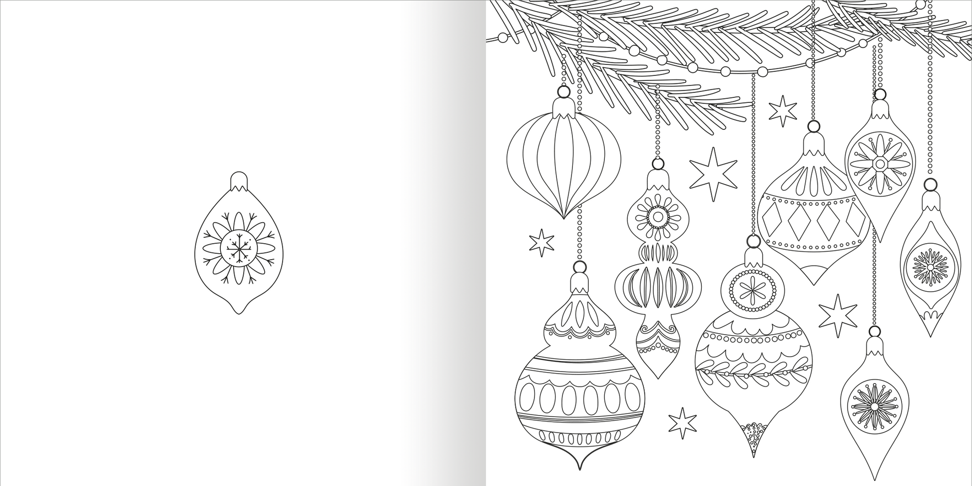 Gezeigt wird eine Innen- oder Zusatzansicht von „Ausmal-Adventskalender – Kreative Winterzeit“. Auf der rechten Seite sind verschiedene Weihnachtsbaumkugeln in unterschiedlichen Formen und Mustern abgebildet, umgeben von filigranen Sternen. Die Kugeln sind in schwarz-weiß gehalten und laden zur Ausmalung ein. Links ist eine leere Fläche, die Gestaltung bietet Raum für kreative Entfaltung. Die klare, verspielte Typografie ergänzt das winterliche Design.