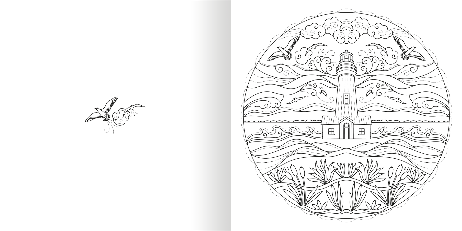 Gezeigt wird eine Innen- oder Zusatzansicht von „Mandala-Zauber – Am Meer“. Die rechte Seite zeigt ein detailliertes Mandala mit einem Leuchtturm im Zentrum, umgeben von geschwungenen Wellen und stilisierten Sturmwolken. Sanfte, fließende Linien verleihen der Komposition Dynamik. Links fliegen zwei Vögel über das Wasser. Die Schwarz-Weiß-Illustration lädt zum Ausmalen ein.