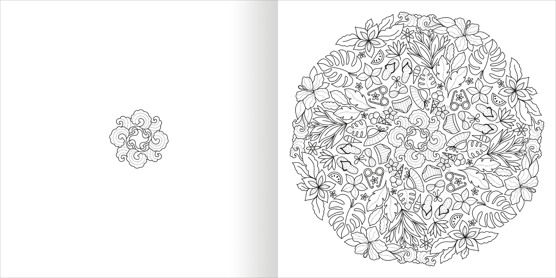 Gezeigt wird eine Innen- oder Zusatzansicht von „Mandala-Zauber – Am Meer“. Das Bild zeigt eine detaillierte, kreisförmige Mandala-Zeichnung, die mit floralen Motiven und geschwungenen Linien gefüllt ist. Die Umrisse sind in Schwarz gehalten, während der Hintergrund weiß ist. Überall sind elegante Pflanzen und fantasievolle Formen angeordnet, die ein Gefühl von Harmonie und Ruhe vermitteln.