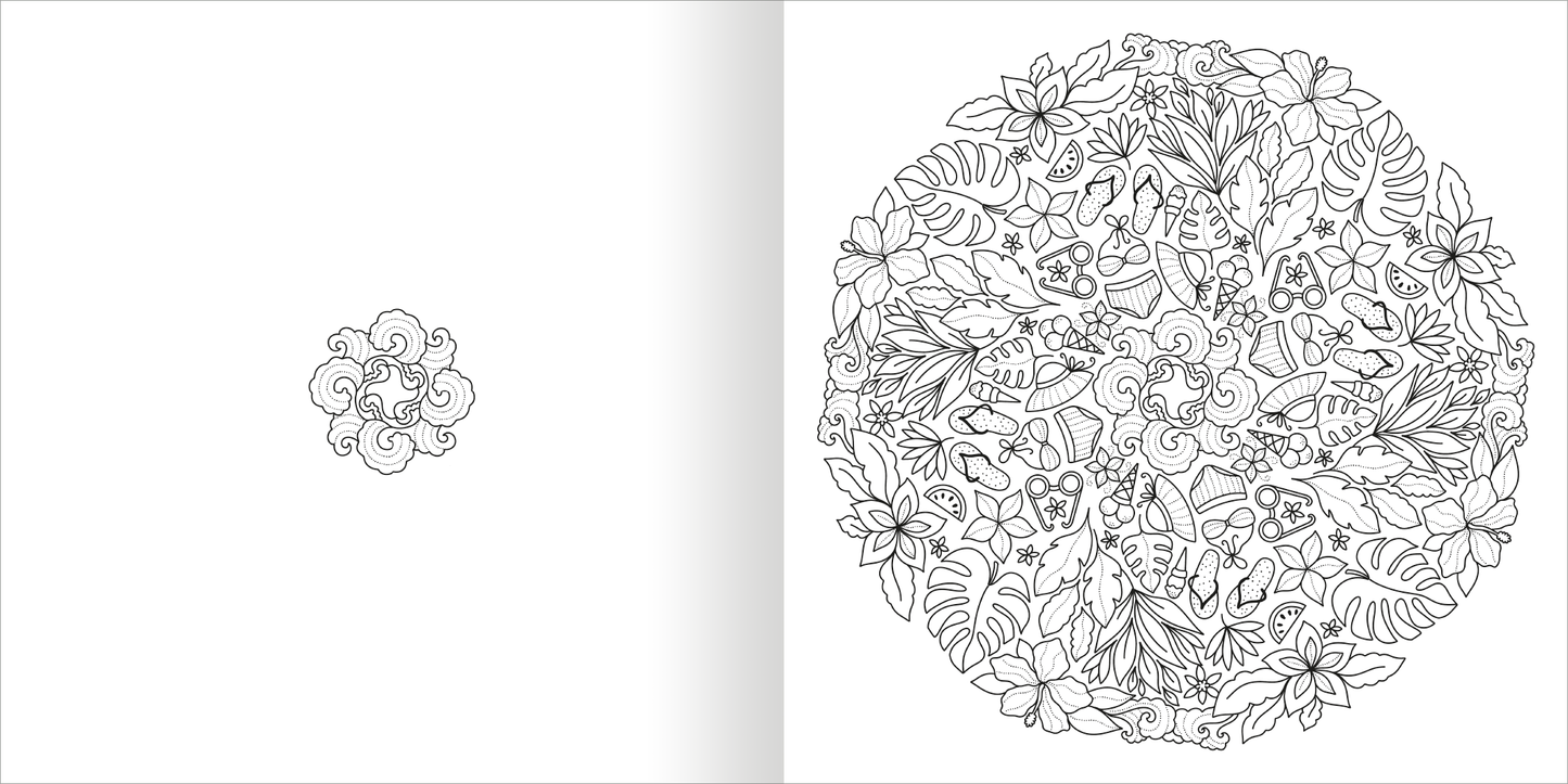Gezeigt wird eine Innen- oder Zusatzansicht von „Mandala-Zauber – Am Meer“. Das Bild zeigt eine detaillierte, kreisförmige Mandala-Zeichnung, die mit floralen Motiven und geschwungenen Linien gefüllt ist. Die Umrisse sind in Schwarz gehalten, während der Hintergrund weiß ist. Überall sind elegante Pflanzen und fantasievolle Formen angeordnet, die ein Gefühl von Harmonie und Ruhe vermitteln.