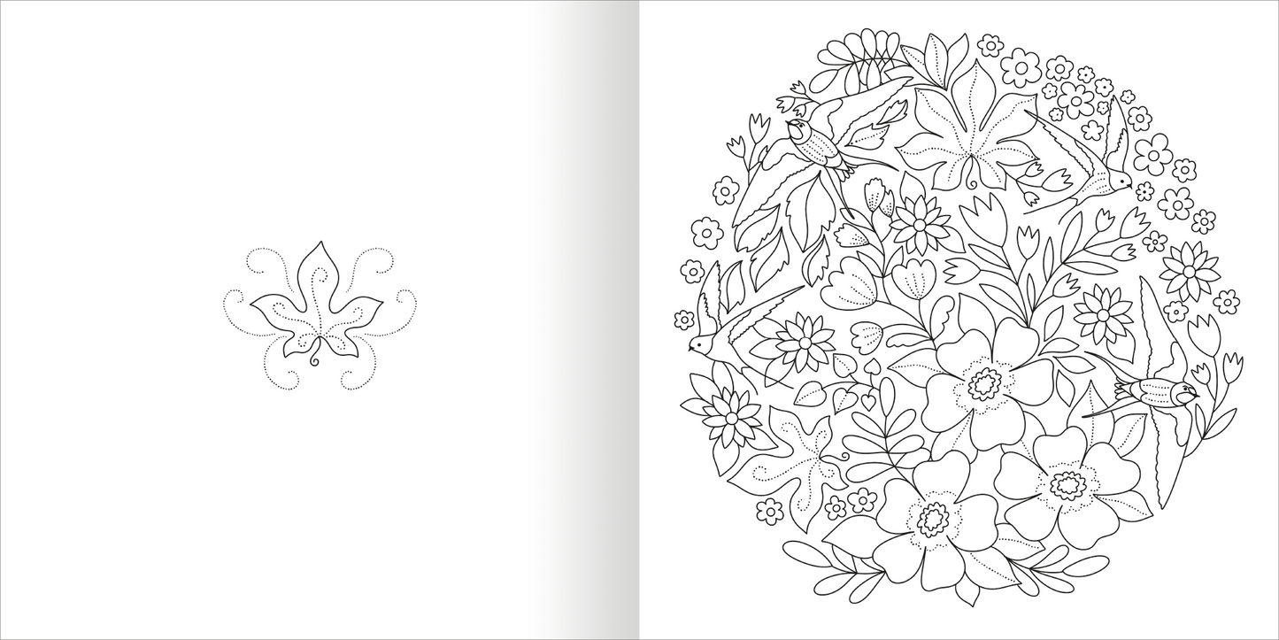 Gezeigt wird eine Innen- oder Zusatzansicht von „Mandala-Zauber – Im Grünen“. Die Darstellung umfasst eine kreisförmige Komposition aus detaillierten Blumenmotiven und Blättern, die ein harmonisches Gesamtbild erzeugen. Auf der linken Seite befindet sich ein filigranes, symmetrisches Ornament, während die rechte Seite mit einer dichten Anordnung von floralen Mustern gefüllt ist. Die Linien sind klar und gut definiert, bereit zum Ausmalen.