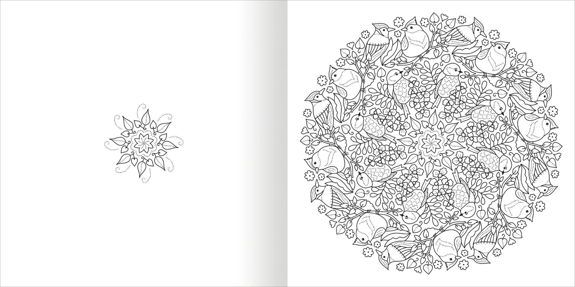 Gezeigt wird eine Innen- oder Zusatzansicht von „Mandala-Zauber – Im Grünen“. Die linke Seite zeigt ein minimalistisches, blütenförmiges Muster, während die rechte Seite ein detailliertes, runde Mandala mit Vögeln, Pflanzen und floralen Mustern abbildet. Die Linienführung ist klar und präzise, und der Kontrast zwischen den schwarzen Linien und dem weißen Hintergrund betont die Komplexität der Elemente. Ideal zum Ausmalen und Entspannen.