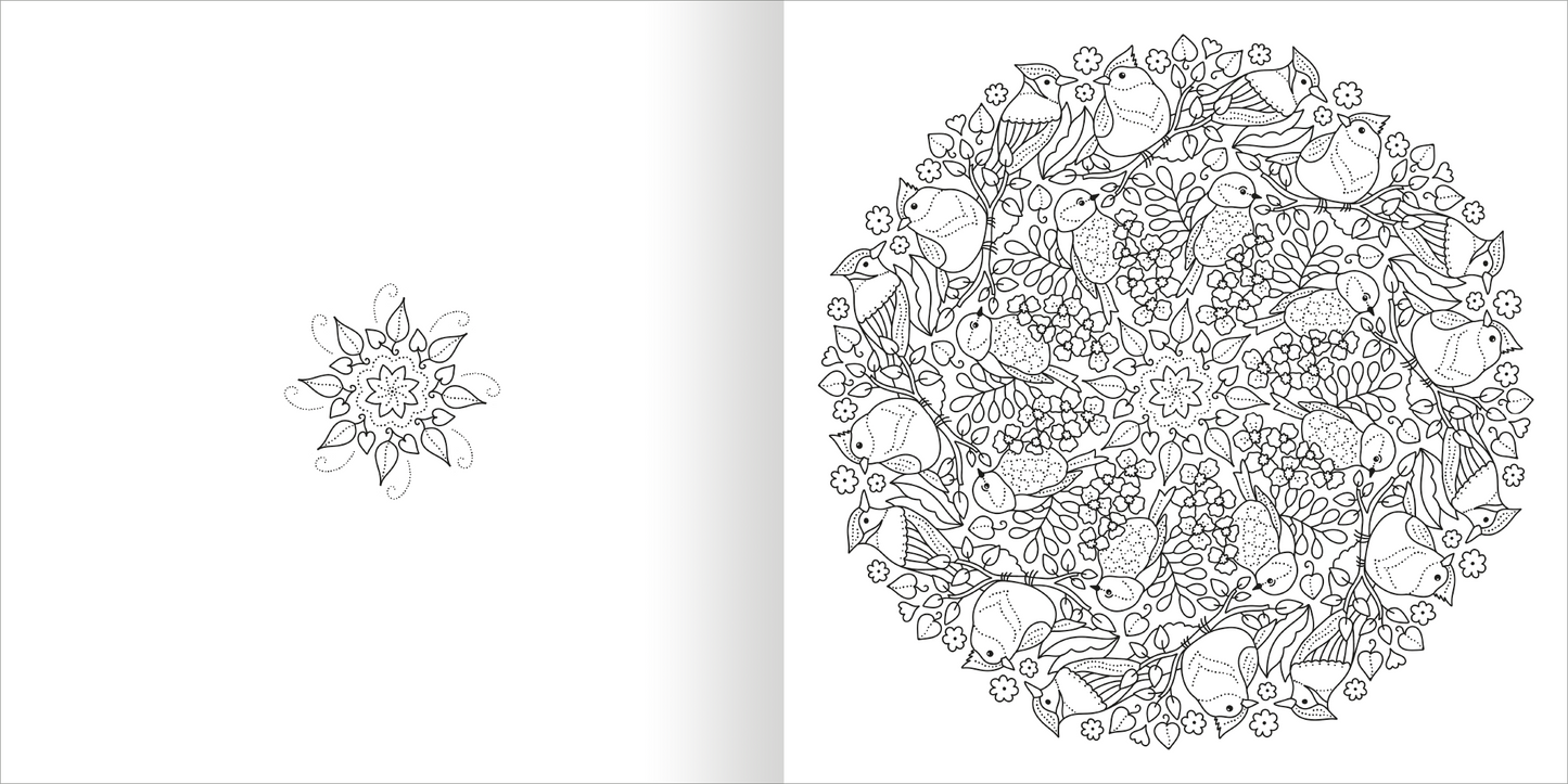 Gezeigt wird eine Innen- oder Zusatzansicht von „Mandala-Zauber – Im Grünen“. Die linke Seite zeigt ein minimalistisches, blütenförmiges Muster, während die rechte Seite ein detailliertes, runde Mandala mit Vögeln, Pflanzen und floralen Mustern abbildet. Die Linienführung ist klar und präzise, und der Kontrast zwischen den schwarzen Linien und dem weißen Hintergrund betont die Komplexität der Elemente. Ideal zum Ausmalen und Entspannen.