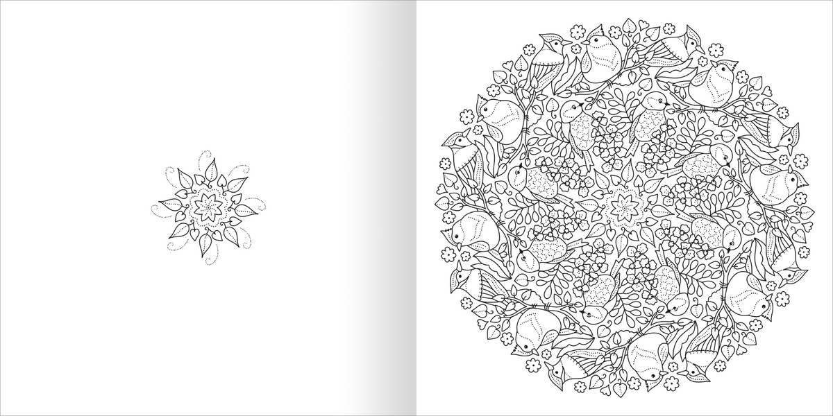 Gezeigt wird eine Innen- oder Zusatzansicht von „Mandala-Zauber – Im Grünen“. Die linke Seite zeigt ein minimalistisches, blütenförmiges Muster, während die rechte Seite ein detailliertes, runde Mandala mit Vögeln, Pflanzen und floralen Mustern abbildet. Die Linienführung ist klar und präzise, und der Kontrast zwischen den schwarzen Linien und dem weißen Hintergrund betont die Komplexität der Elemente. Ideal zum Ausmalen und Entspannen.