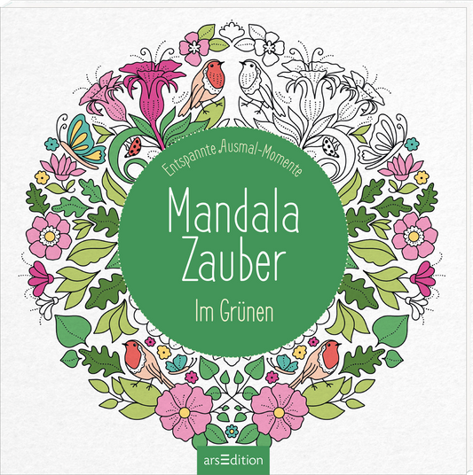 Das dreidimensionale Buchcover zeigt eine detaillierte, mandalaartige Gestaltung mit floralen Motiven in sanften Farben wie Grün, Pink und Weiß. In der Mitte befindet sich ein grüner Kreis mit dem Titel „Mandala Zauber“ und dem Untertitel „Im Grünen“ in eleganter, geschwungener Schrift. Darüber steht der Text „Entspannte Ausmal-Momente“ in einer feinen Schriftart. Die Atmosphäre des Covers strahlt Ruhe und Kreativität aus. Ganz unten mittig steht der Logoschriftzug von...