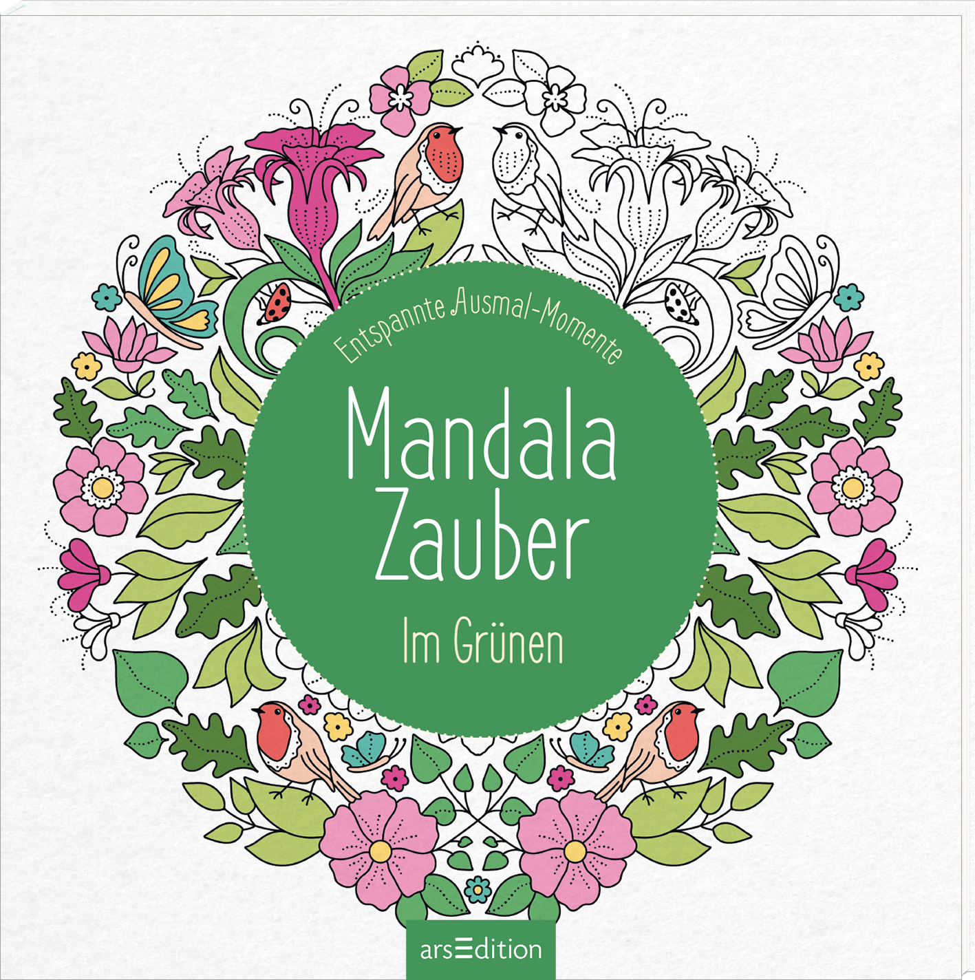 Das dreidimensionale Buchcover zeigt eine detaillierte, mandalaartige Gestaltung mit floralen Motiven in sanften Farben wie Grün, Pink und Weiß. In der Mitte befindet sich ein grüner Kreis mit dem Titel „Mandala Zauber“ und dem Untertitel „Im Grünen“ in eleganter, geschwungener Schrift. Darüber steht der Text „Entspannte Ausmal-Momente“ in einer feinen Schriftart. Die Atmosphäre des Covers strahlt Ruhe und Kreativität aus. Ganz unten mittig steht der Logoschriftzug von...