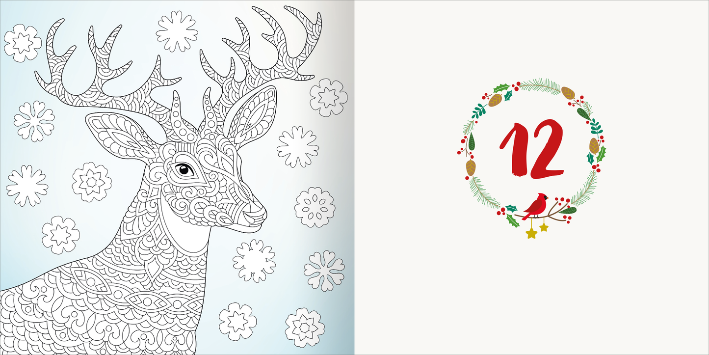 Gezeigt wird eine Innen- oder Zusatzansicht von „Diamond Adventskalender“. Auf der linken Seite ist ein detailreiches, schwarz-weißes Ausmalbild eines Hirschkopfes mit geschwungenen Linien dargestellt. Im Hintergrund sind stilisierte Schneeflocken zu sehen. Die rechte Seite zeigt eine festliche Zahl „12“ in kräftigem Rot, umgeben von einem dekorativen Kranz mit grünen Blättern, roten Beeren und goldenen Sternen.