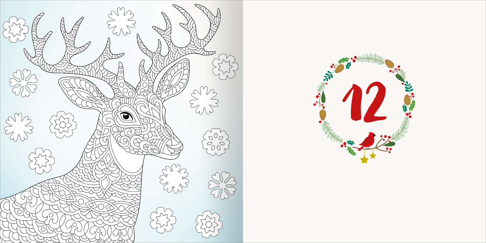 Gezeigt wird eine Innen- oder Zusatzansicht von „Diamond Adventskalender“. Auf der linken Seite ist ein detailreiches, schwarz-weißes Ausmalbild eines Hirschkopfes mit geschwungenen Linien dargestellt. Im Hintergrund sind stilisierte Schneeflocken zu sehen. Die rechte Seite zeigt eine festliche Zahl „12“ in kräftigem Rot, umgeben von einem dekorativen Kranz mit grünen Blättern, roten Beeren und goldenen Sternen.