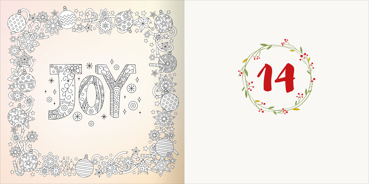 Gezeigt wird eine Innen- oder Zusatzansicht von „Diamond Adventskalender“. Die linke Seite zeigt den Schriftzug „JOY“ in großem, verspieltem Stil, umgeben von festlichen, handgezeichneten Ornamenten wie Sternen, Schneeflocken und Weihnachtskugeln. Die Farben sind überwiegend in sanften Pastelltönen gehalten. Auf der rechten Seite befindet sich eine kreisförmige Darstellung mit der Aufschrift „14“ in auffälligem Rot, eingerahmt von einem grünen Kranz mit rotem Beerenzweig.