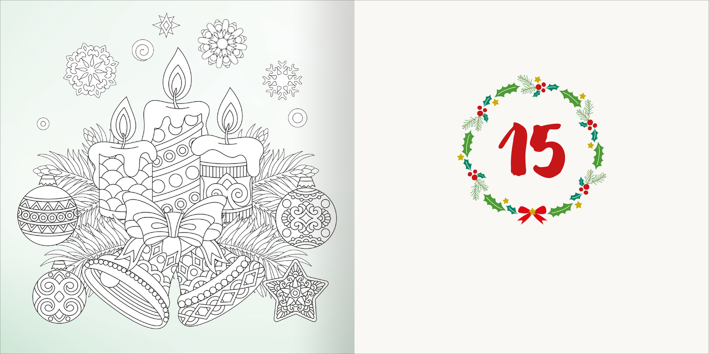 Gezeigt wird eine Innen- oder Zusatzansicht von „Diamond Adventskalender“. Links ist eine Ausmalzeichnung mit mehreren Kerzen, Weihnachtskugeln und einem Geschenkband in feinen Linien dargestellt. Die Farben sind nicht ausgefüllt, wodurch ein minimalistischer, skizzenhafter Eindruck entsteht. Rechts befindet sich eine festliche Kranzgrafik mit roten Beeren und einer Schleife, die die Zahl „15“ in lebhaftem Rot hervorhebt, auf einem hellen Hintergrund.