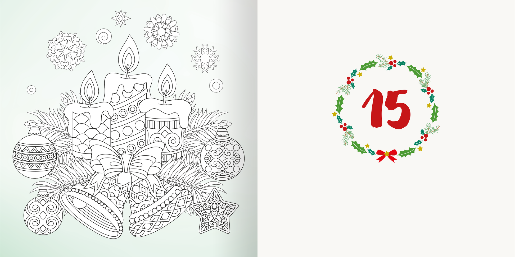 Gezeigt wird eine Innen- oder Zusatzansicht von „Diamond Adventskalender“. Links ist eine Ausmalzeichnung mit mehreren Kerzen, Weihnachtskugeln und einem Geschenkband in feinen Linien dargestellt. Die Farben sind nicht ausgefüllt, wodurch ein minimalistischer, skizzenhafter Eindruck entsteht. Rechts befindet sich eine festliche Kranzgrafik mit roten Beeren und einer Schleife, die die Zahl „15“ in lebhaftem Rot hervorhebt, auf einem hellen Hintergrund.